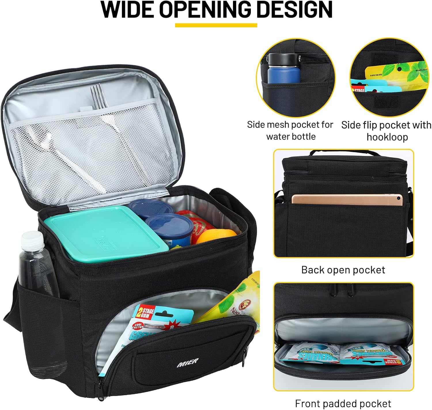 MIER Large Lunch Box for Men 24 Cans Insulated Lunch Bag Leakproof Soft Side Cooler Bags with Multiple Pockets Adults Big Lunchbox Heavy Duty for Work Travel Beach Picnic Office(Black, 15L)