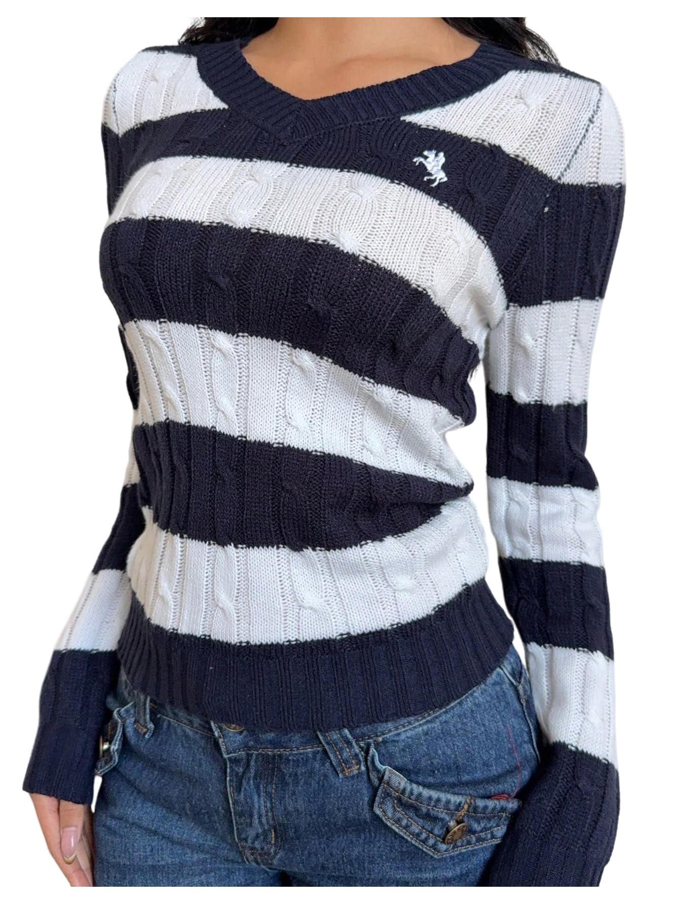 SOLY HUX Womens Color Block Striped Sweater V Neck Long Sleeve Cable Knit Casual Trendy Pullover Tops