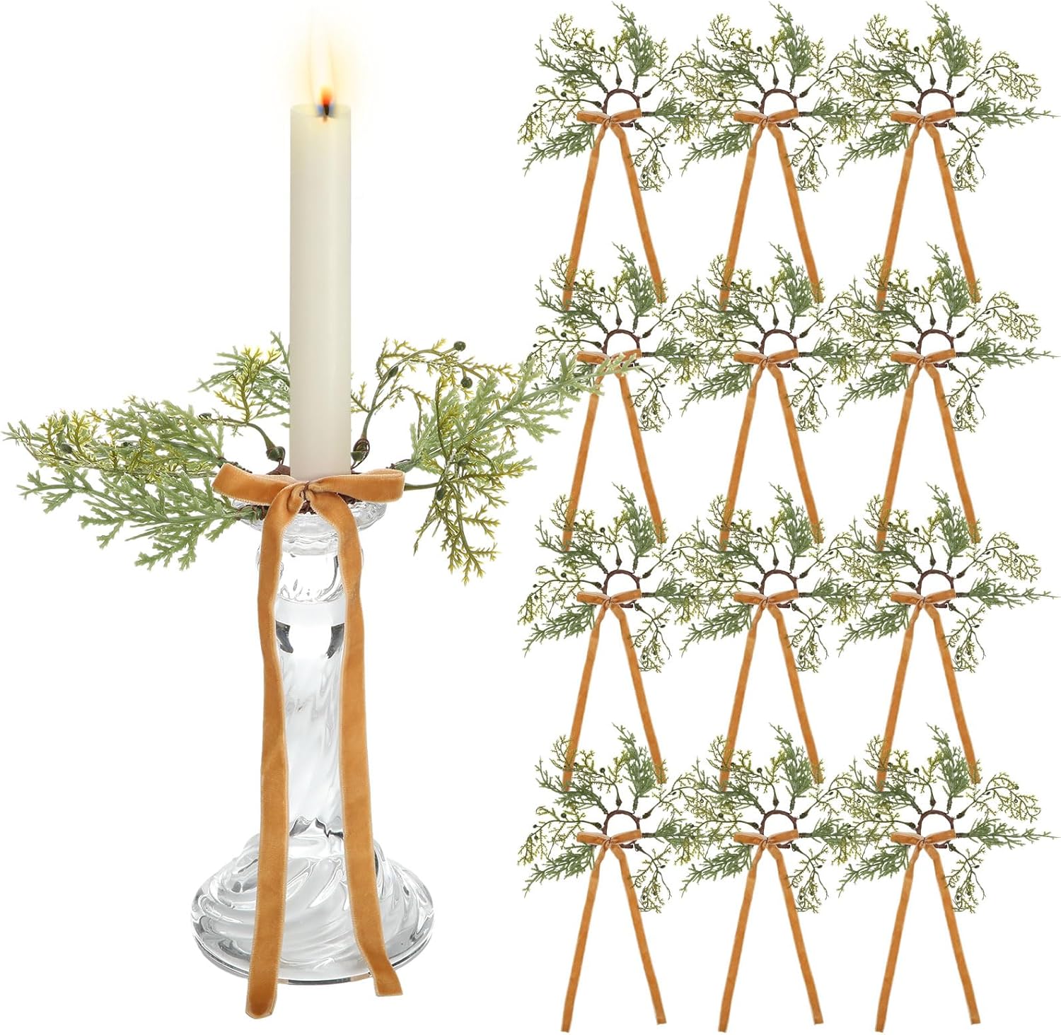Suncalla 12 Pcs Christmas Pine Taper Candle Rings Wreaths with Velvet Bow Ribbon 1.38 Inch Mini Taper Candle Holder Decorations for Xmas Holiday Church Home Table Centerpiece Candlesticks(Brown)
