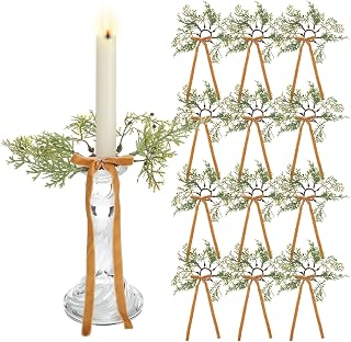 12 Pcs Christmas Pine Taper Candle Rings Wreaths with Velvet Bow Ribbon 1.38 Inch Mini Taper Candle Holder Decorations for Xmas Holiday Church Home Table Centerpiece Candlesticks(Brown)