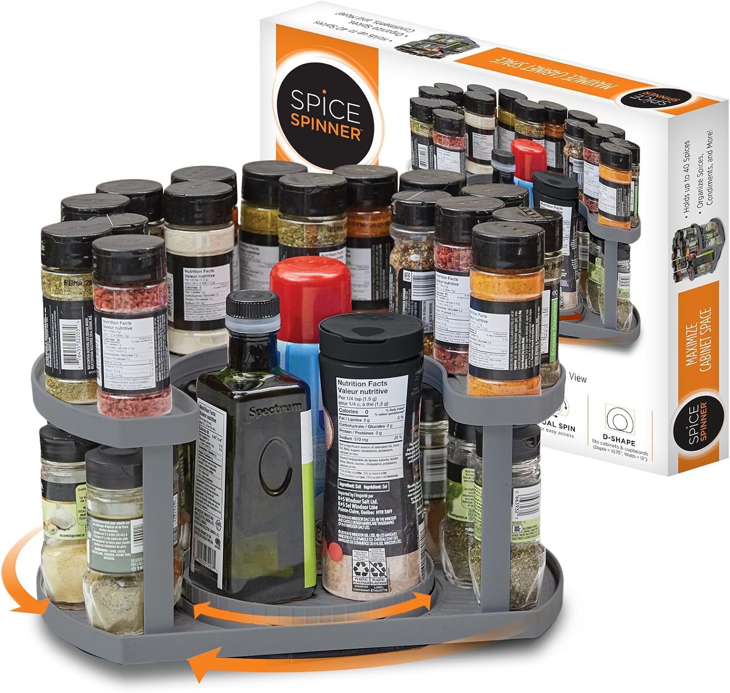 Spice Rack Organizer for Cabinet 2 Tier Lazy Susan Organizer Holds 40 Spice Jars with Double Spinner on Bottom Spice Shelf for Kitchen Pantry Organization and Storage by Stow-n-Spin Made in USA