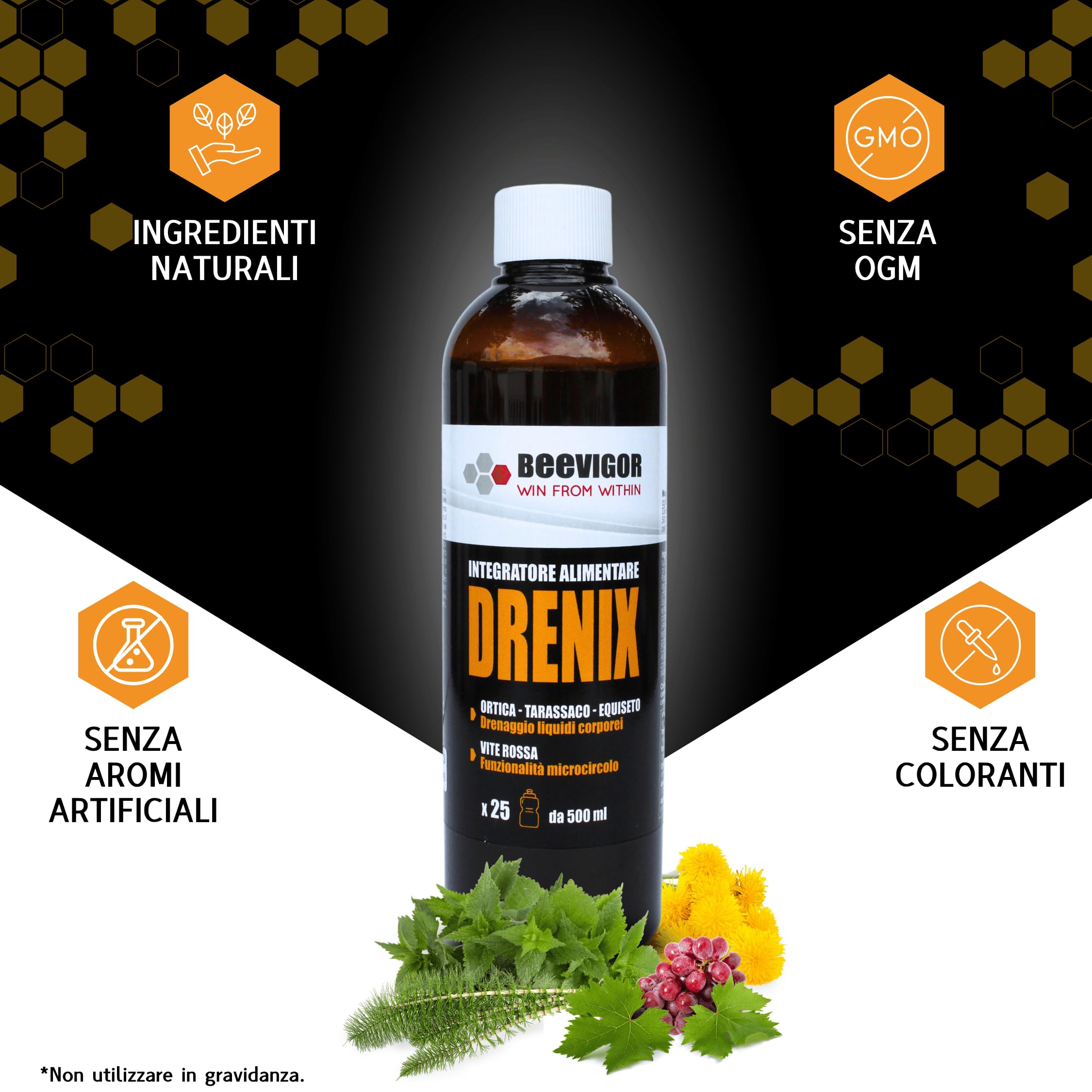 BEEVIGOR Integratore Alimentare Fluido con Miele, Ortica, Tarassaco, Equiseto, Ananas e Vite Rossa Made in Italy - 250 ml - Integratore Drenante Liquido Supporta Funzione Depurativa e Microcircolo