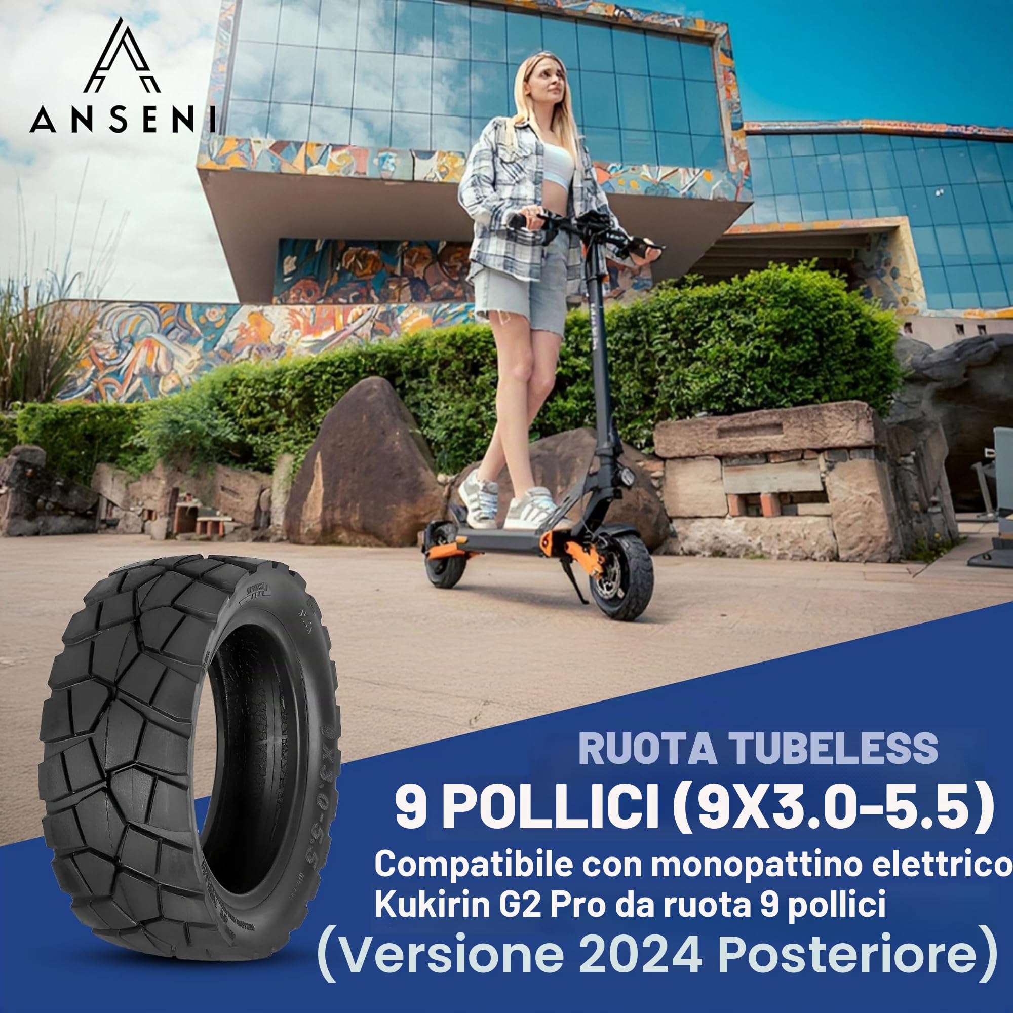 ANSENI Ruote Monopattino Elettrico 9X3.0-5.5, Gomme Tubeless 9 pollici, Pneumatico senza Camera d'aria per Monopattino Elettrico Kukirin G2 Pro, accessori di ricambi (1 unità)