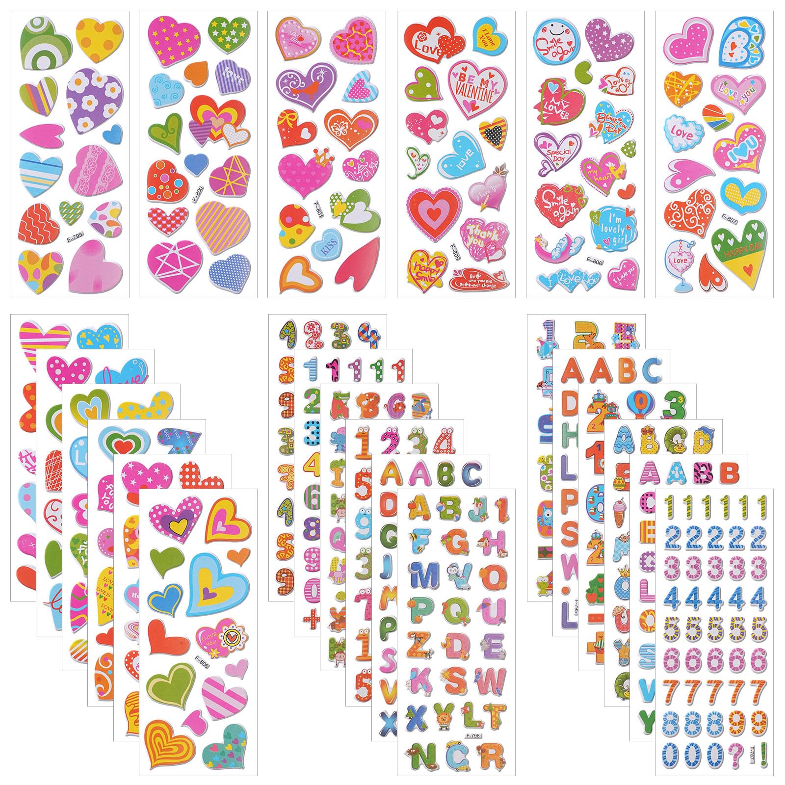 Vicloon 3D Stickers, 550+ Puffy Stickers 24 Variety Sheets for Party Rewarding Gifts Scrapbooking Including Letter, Numbers, Heart and More