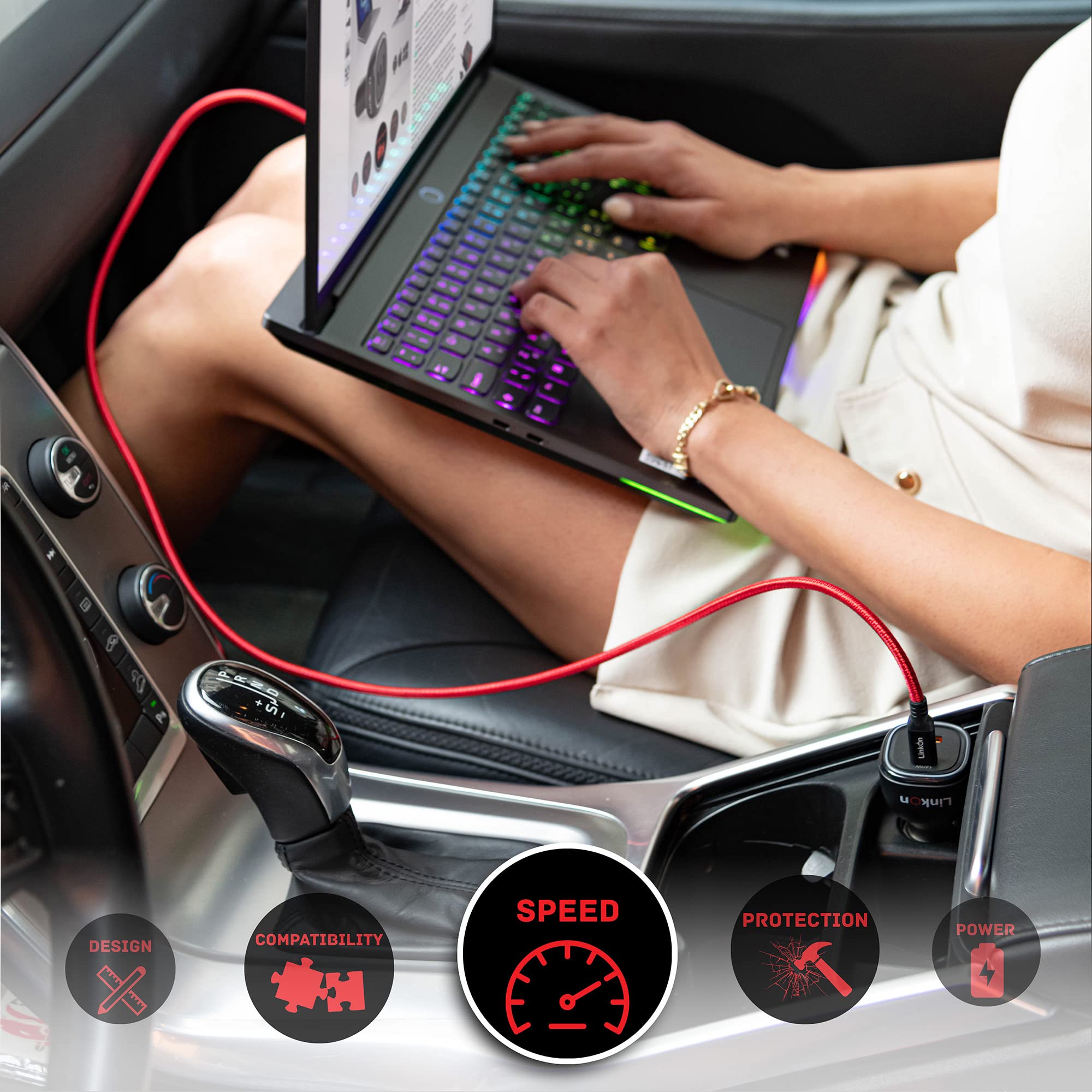 LinkOn Cargador de Coche de 165W con 140W PD3.1 USB-C y 30W QC3.0 UAB-A Compatible con MacBook Pro 16" 2021 Lenovo Legion 7 7i HP DELL Samsung Apple
