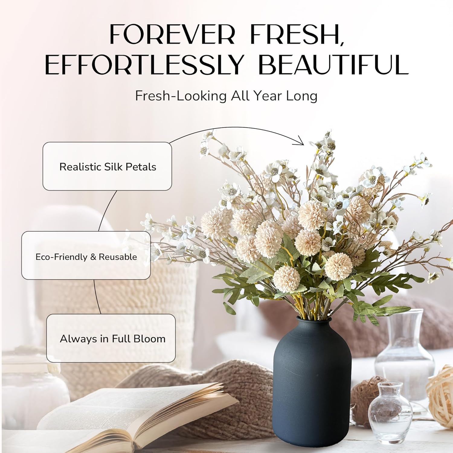 Chrysanthemum Flowers Artificial Kiku with Dogwood – 10 Cream Faux Pom Pom Mum Stems and White Dogwood Flowers for Vase, Silk Faux Floral Arrangement for Home Decor and Centerpiece Displays - Image 2