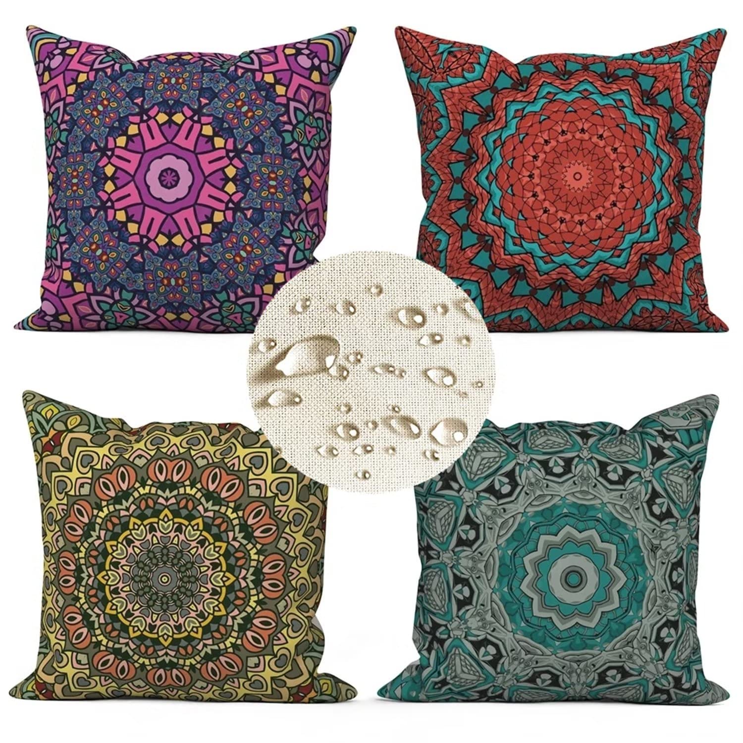 Zestaw 4 geometrycznych poszewek na poduszki z mandalą, 80 x 80 cm, dekoracyjne poszewki na poduszki, wodoodporne, lniane, na sofę, nowoczesny, dwustronny nadruk, poszewka na poduszkę, do sypialni, salonu, biura, domu, na prezent, B84