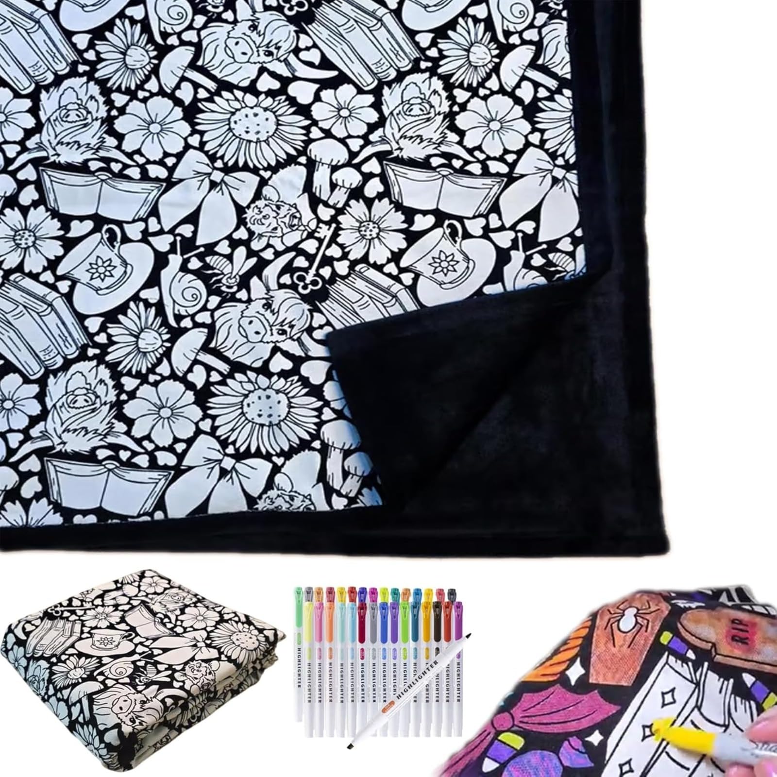 INPUS DIY Coloring Blanket, Coloring Blankets for Adults, Color Your Own Blankets, Creative Personalized Drawing Art Project, Soft Cozy Fleece Drawing Throw Bedroom Decor including colored pencils