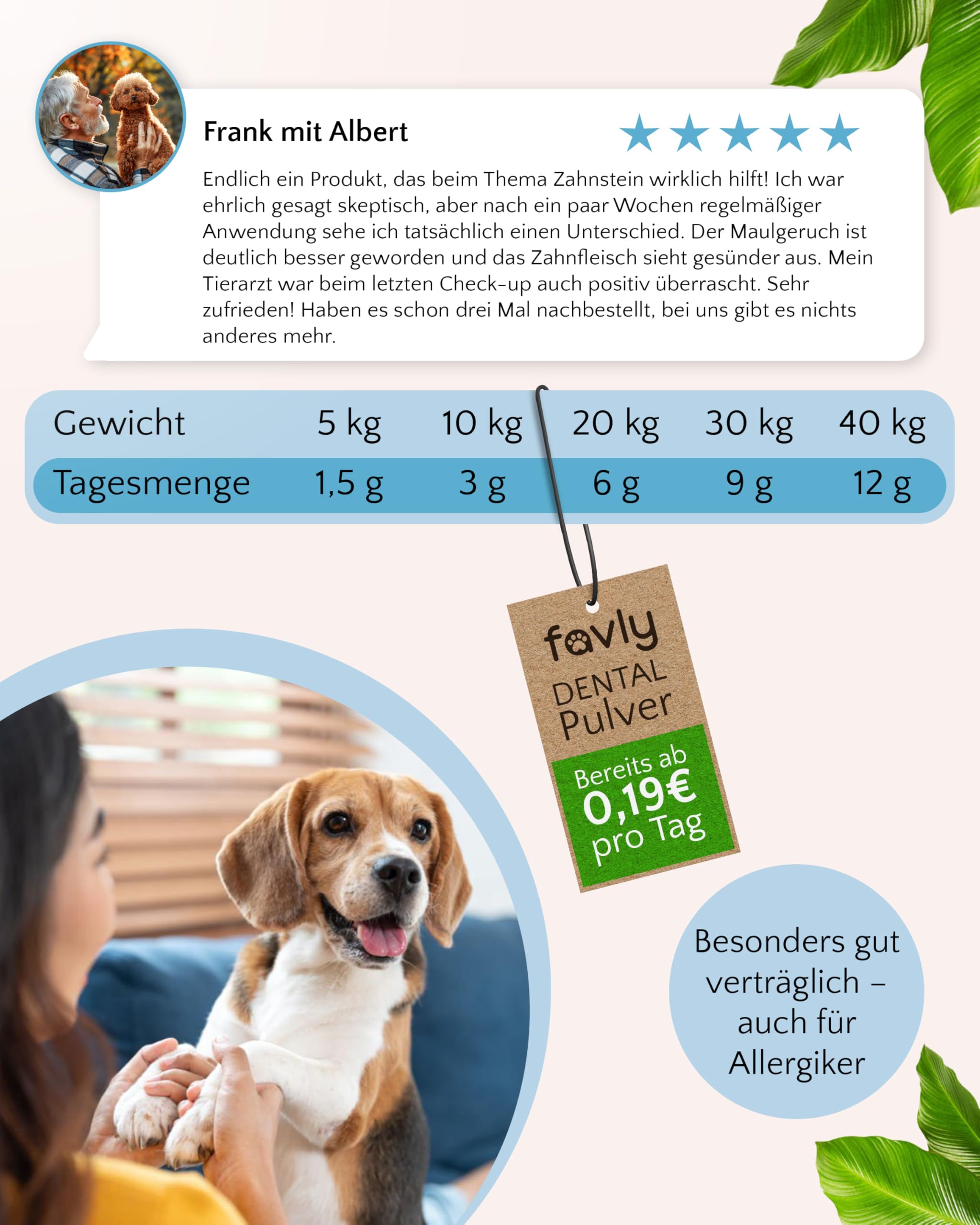 FAVLY – DENTAL polvere per la cura dei denti per cani, 250 g, mangime complementare per denti in polvere per cani contro l'alito e la placca dentale, con clorella biologica e prezzemolo, senza cereali