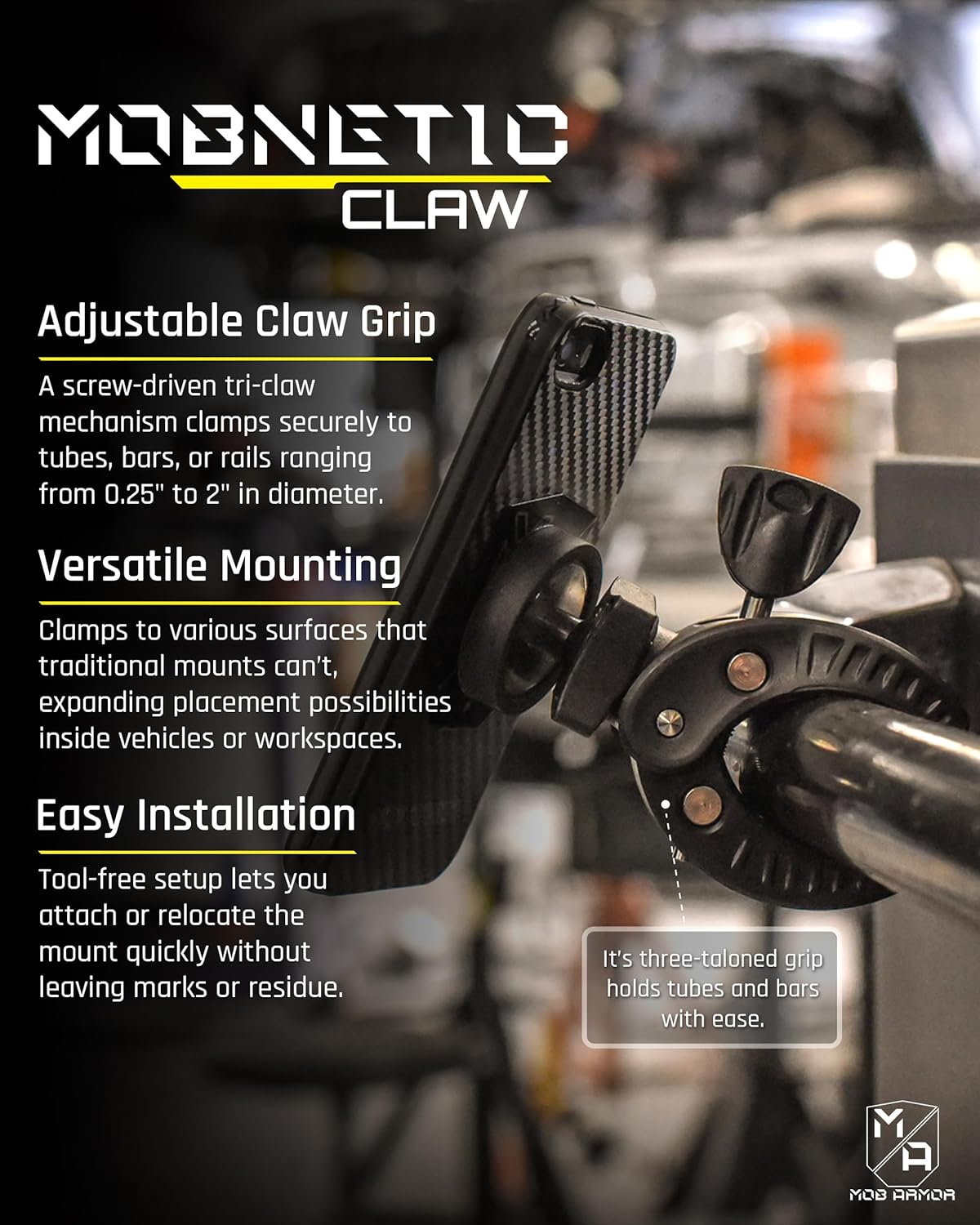 Mob Armor MobNetic Claw with 360° Rotation - Bar Mount for Golf Carts, Strollers, or Any enclsoed cab Vehicle with Round or Square Tubes- Universal Car Magnetic Phone Mount, Assembled in USA - Black