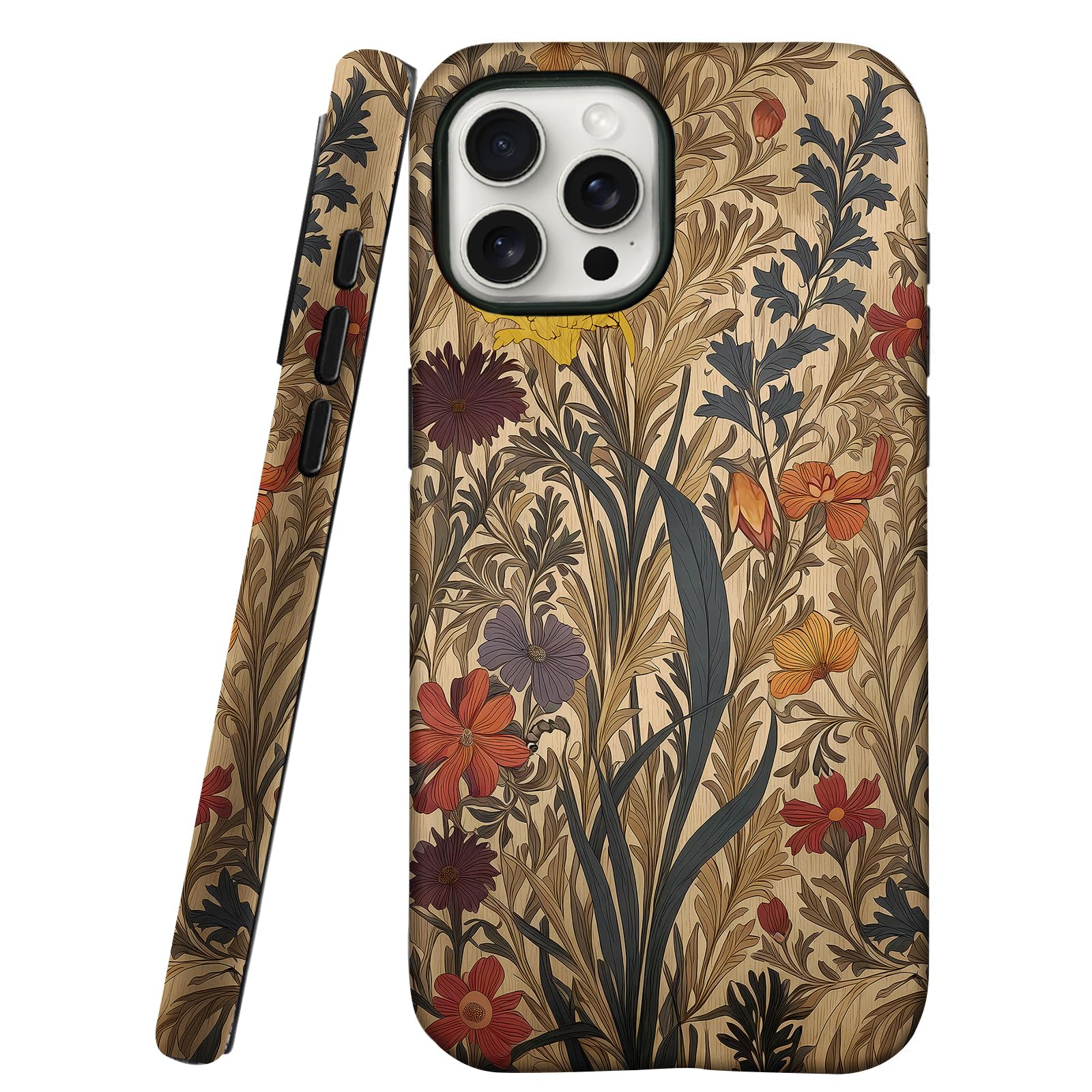 Mainrenka Floral Art Phone Case for iPhone 15 Pro, Vintage Cute Aesthetic Phone Cases Shockproof Design Trendy Stylish Kawaii Protective Cover Women