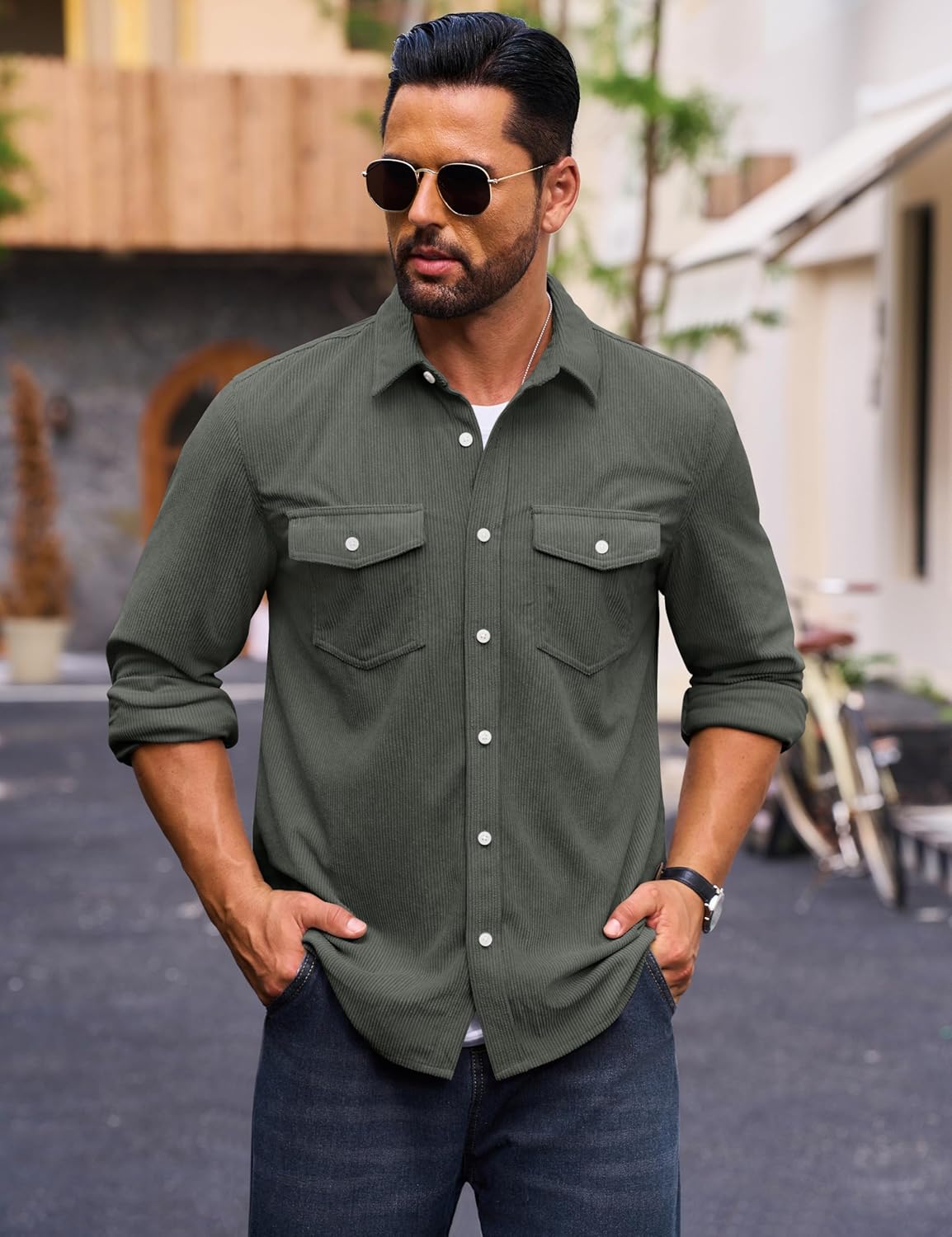 Cotrasen Men's Corduroy Shirt Jacket Button Down Long Sleeve Ribbed Shacket Lightweight Overshirt with Flap Pockets - Image 2