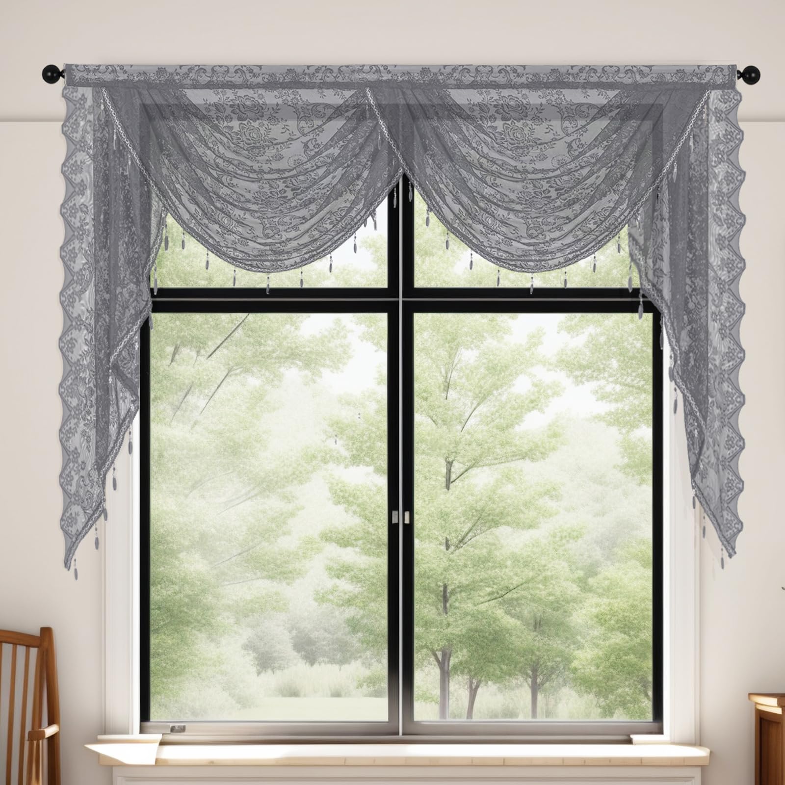 Lace Swag Valance Curtain 1 Panel Semi Sheer Light Filtering Privacy Floral Patterned Valances with Tassel Voile Swags for Kitchen Cafe Bedroom Bay Windows (A - Grey, W 59.1" x L 41.4" (1 Panel))