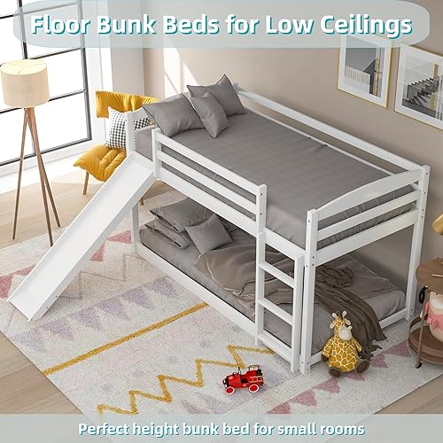 Miniatura 105 de Litera baja individual sobre individual, base de cama de madera maciza con escalera y barandillas de seguridad, literas individuales para niños y