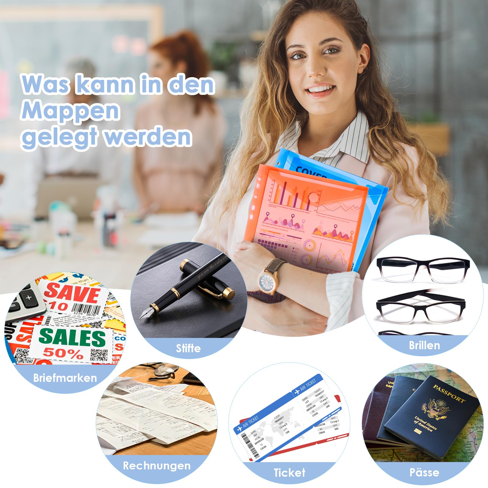 Dokumententasche A4, Dokumentenmappe A4, 30 Stück Bunte Mappen mit Klettverschluss, Sammelmappen Sichttasche für Organisieren mit 11 Lochrand & Etikettentasche