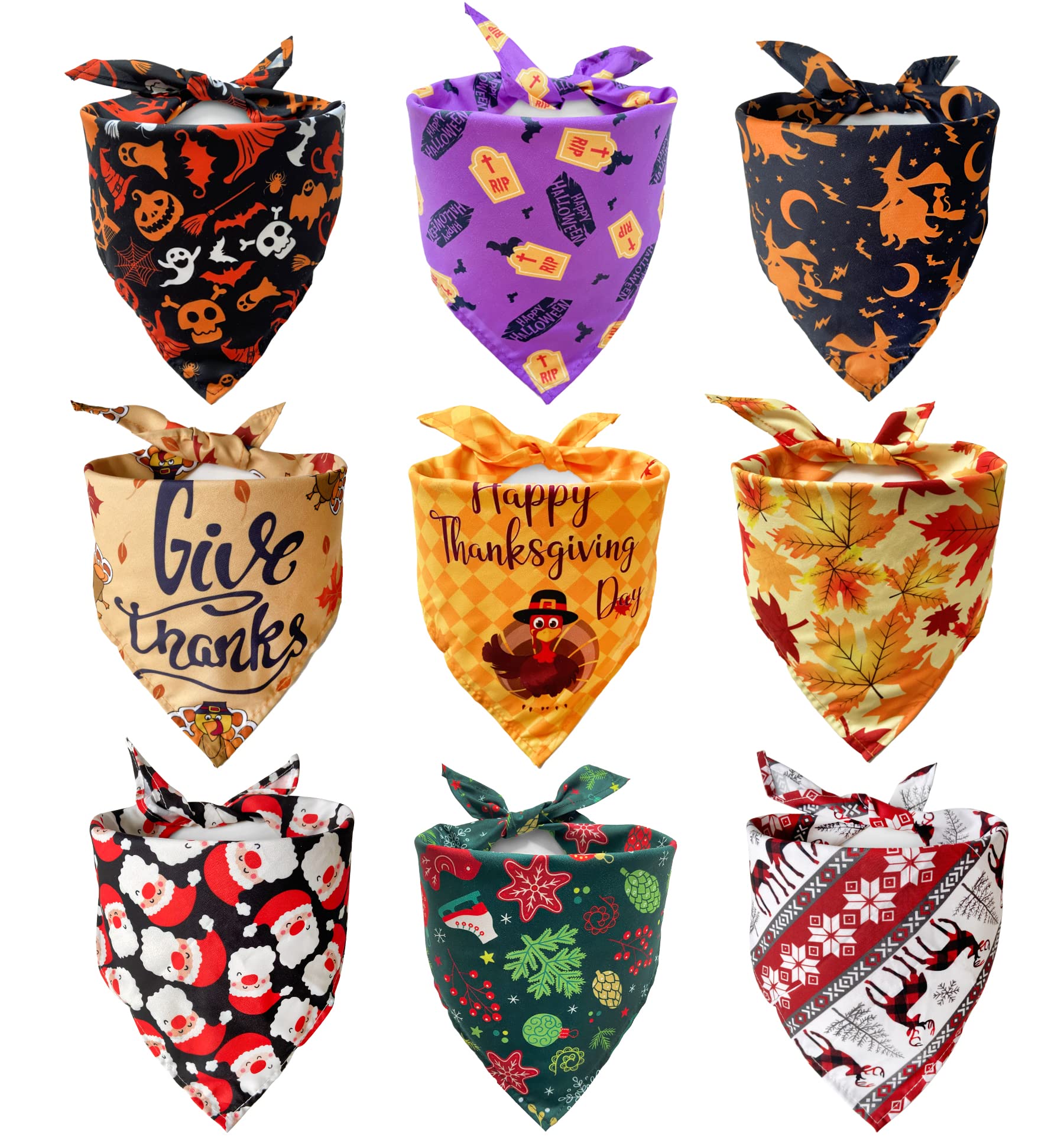 Chngeary Festival Dog Bandanas (9 Pack), Christmas & Halloween & Thanksgiving Combinations for Small, Medium & Large Dogs & Cats