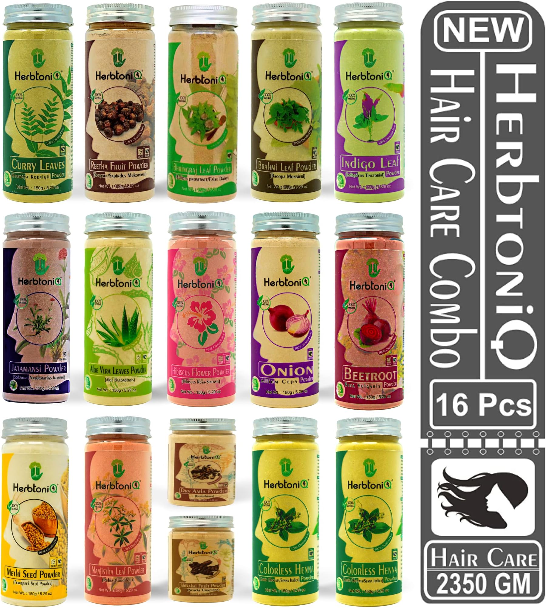 100% Natural Curry Reetha Bhringraj Brahmi Indigo Jatamansi Aloevera Hibiscus Onion Beetroot Methi Manjistha Amla Shikakai Colorless Henna Powder For Hair Care (Set Of 16, 2350g)