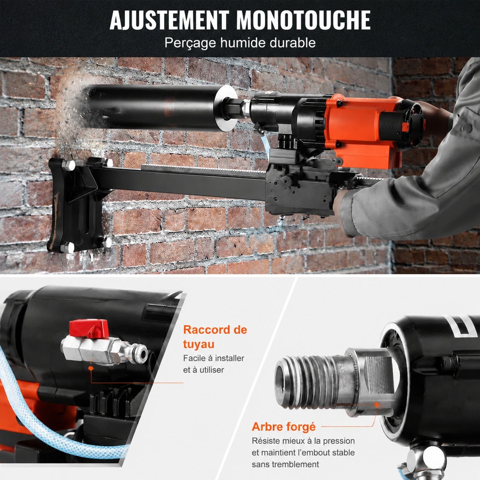 Carotteuse diamant avec support, moteur 2500 W, perçage humide et sec pour béton armé, marbre et travaux de construction