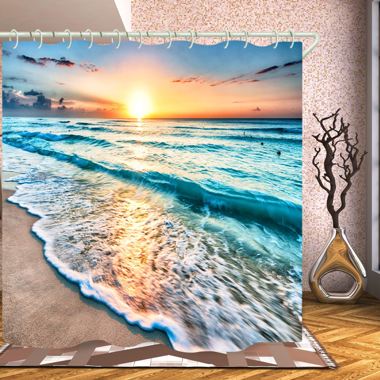 LYFANS Bathroom Uses Beach Sunset 3D Shower Curtains, Luxurious Bathtub Standard Shower Curtain, Waterproof and Bright Fabric Shower Curtains, (59x72 inches)