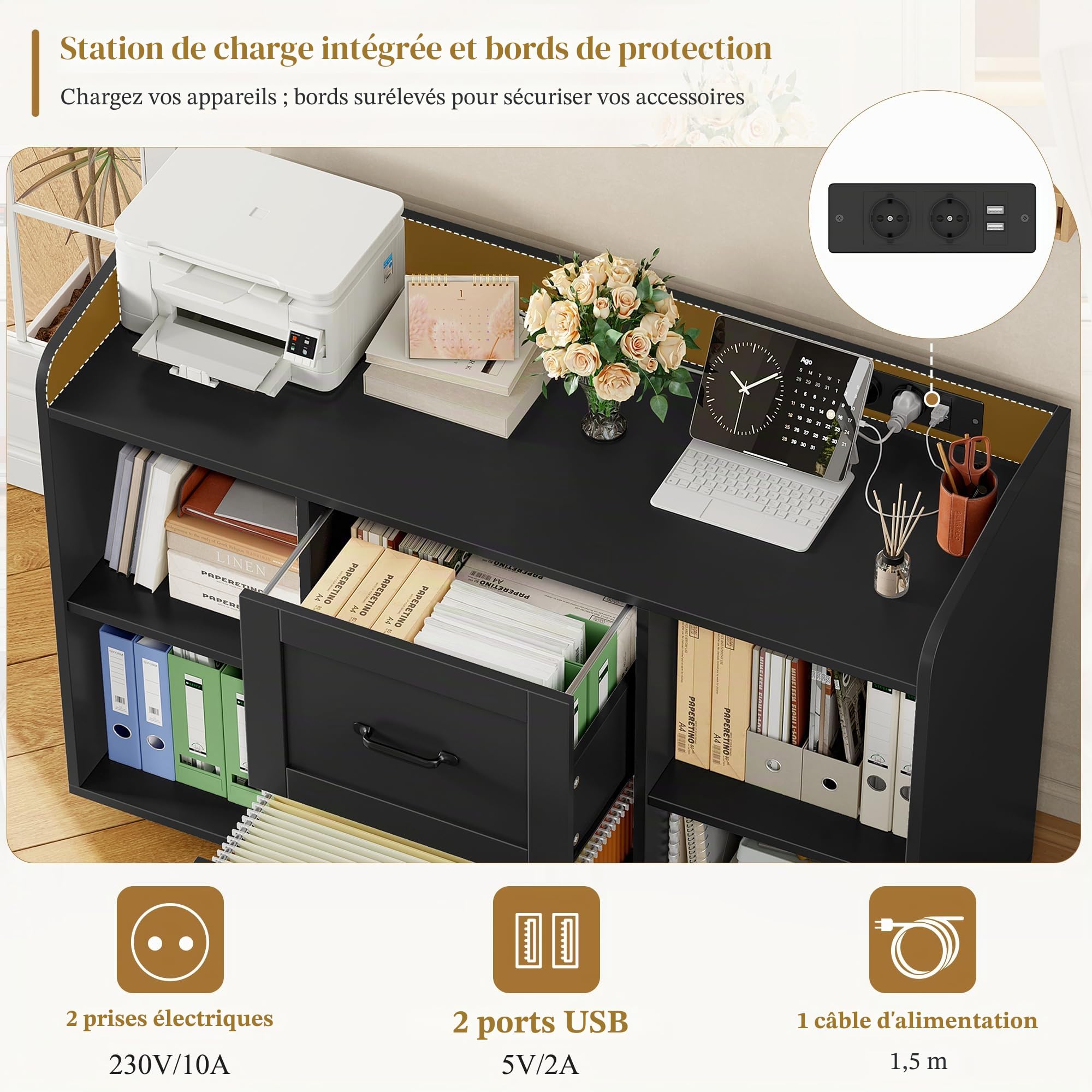 HOCSOK Caisson Bureau, Support d'Imprimante, avec Prises Électriques et 2 Ports USB, Meuble de Rangement à 5 roulettes Mobile, pour Dossiers A4/Letter/Legal, Armoire de Rangement pour Bureau, Ecole