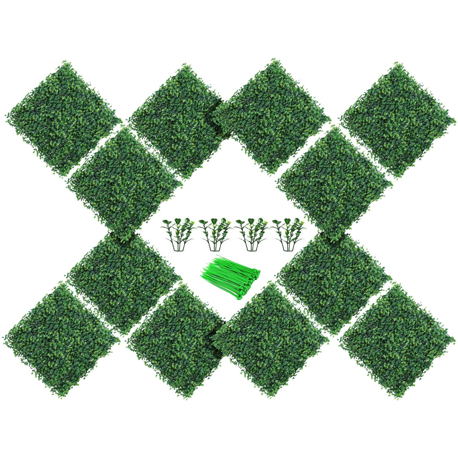Skloopearg Artificial Grass Wall Panels, 12 Pack 10"x10" Boxwood Hedge Wall Panels with 100 Zip Ties, Boxwood Backdrop for Outdoor Indoor Decorative Fences Privacy Hedge