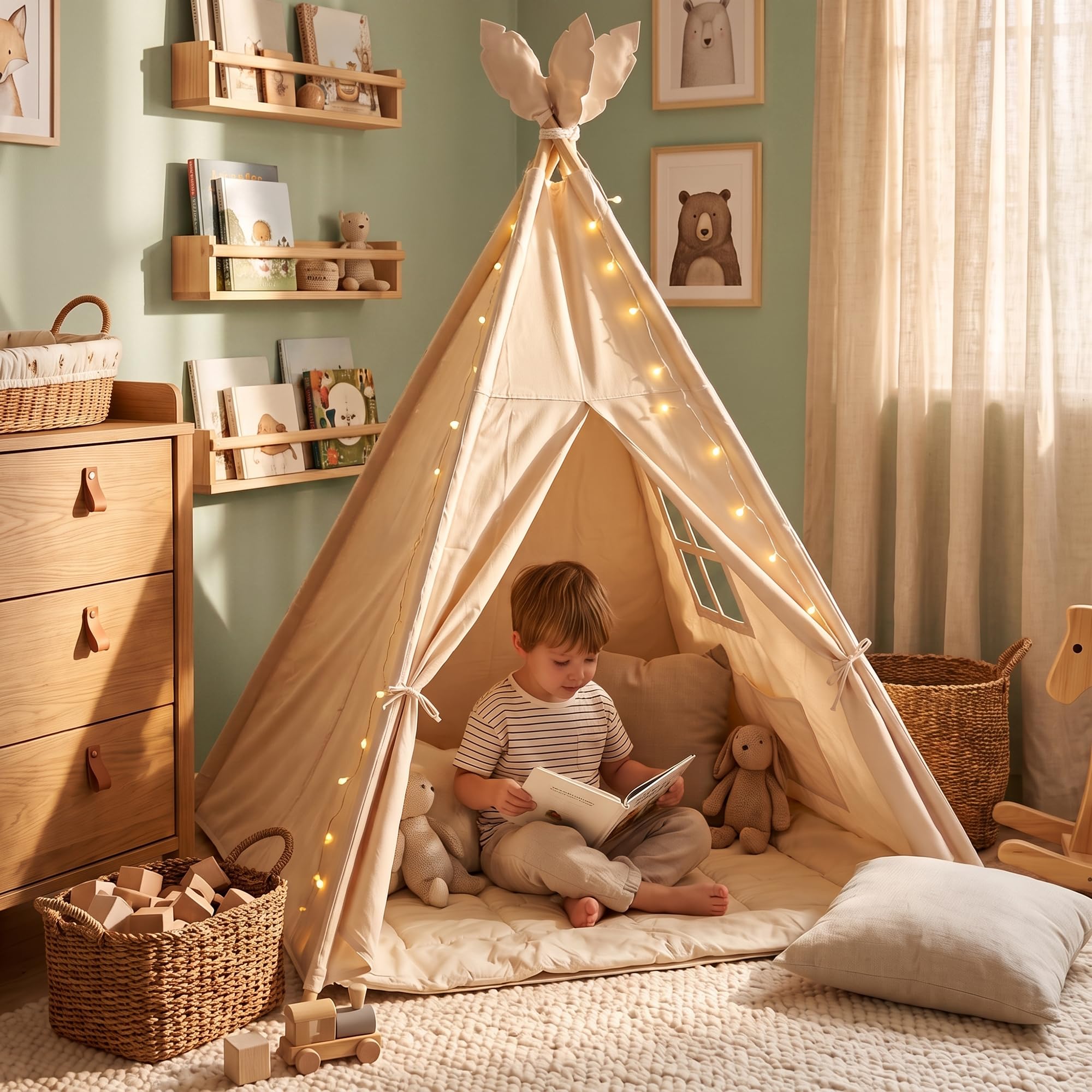 ALRITHO® Tipi Zelt für Kinder (Sandburgen Beige) – Spielzelt aus Silky Cotton & Holz inkl. Kuschelmatte, Tragetasche & SafeCuddle Stabilisator