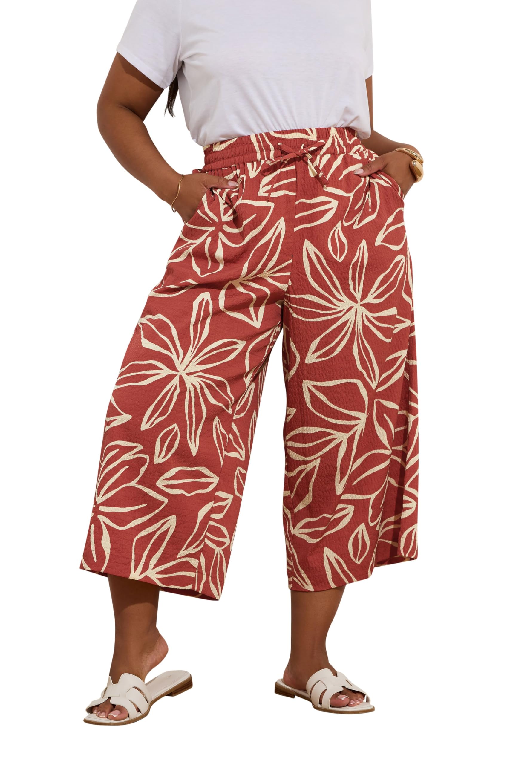 Yours Women's Burnt Orange Curve Rust Orange Textured Floral Midaxi Culottes - Plus Size Curve