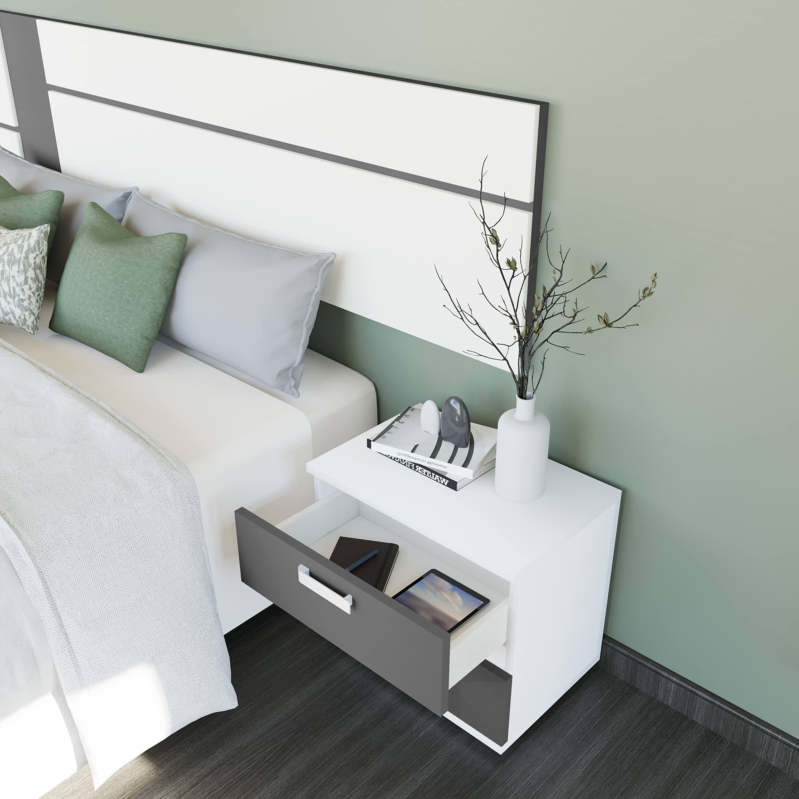 duehome | Pack Cabecero con Leds y 2 Mesitas de Noche, Dormitorio Doble, Dormitorio Completo, Modelo Ataneq Air, Acabado en Blanco y Grafito