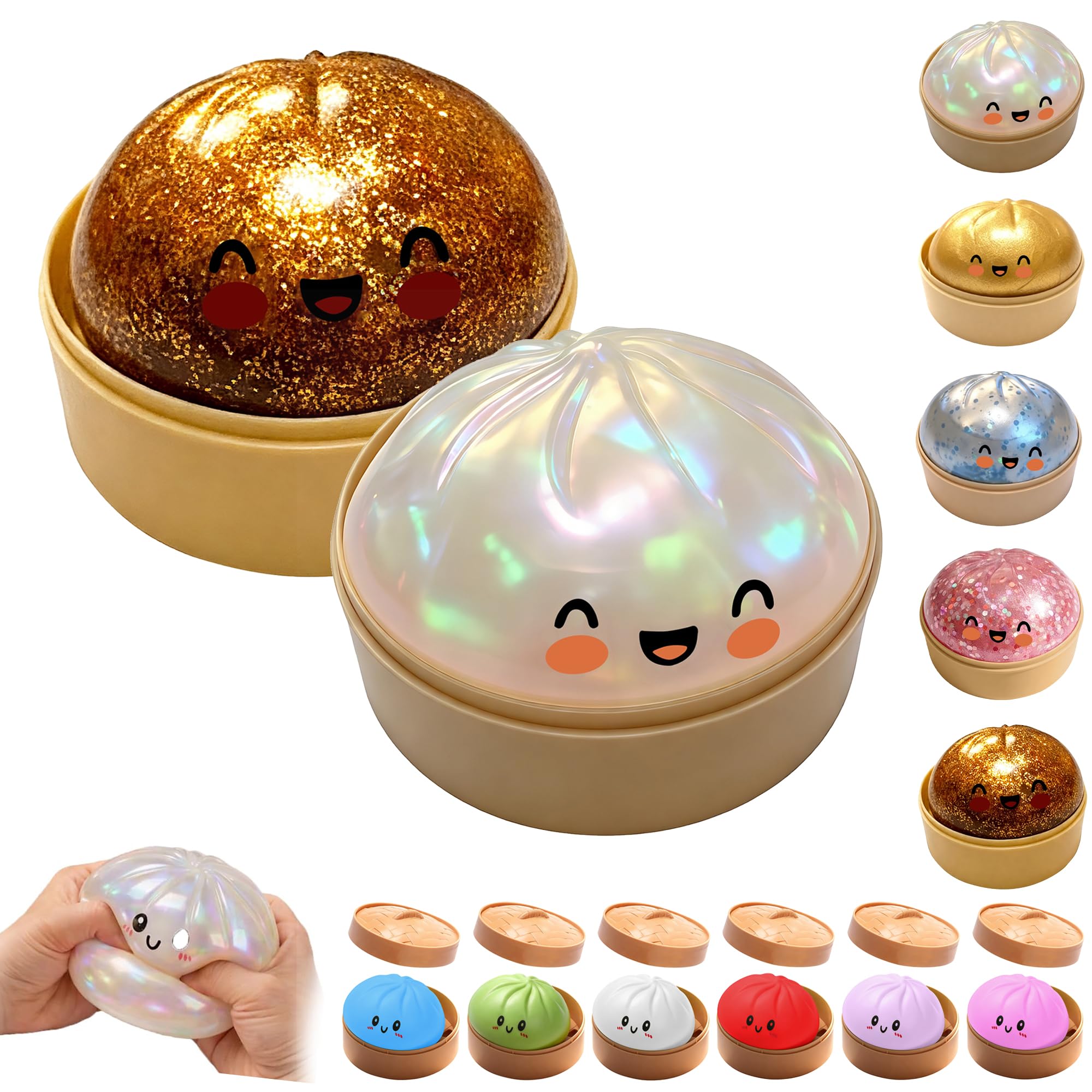 OKESYO Dumpling Squishy, 2Pcs Giant Squishy Dumpling Toy with Steamer Box, Mystery Rainbow Dumplings