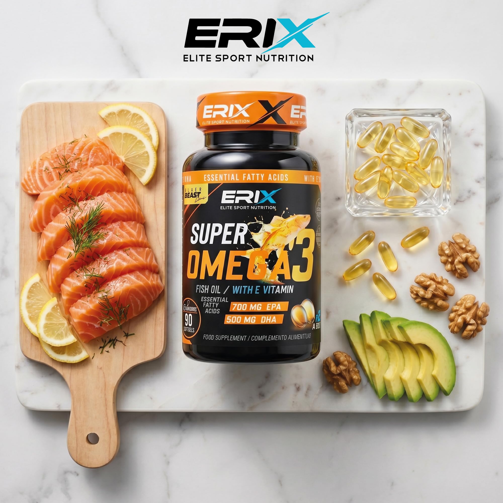 ERIX Nutrición Super Omega 3 Alta Concentración 2000mg - Pack de 2 (180 Perlas) - 700mg EPA y 500mg DHA - Suministro para 3 Meses - Máxima Pureza con Vitamina E - Nutrifight