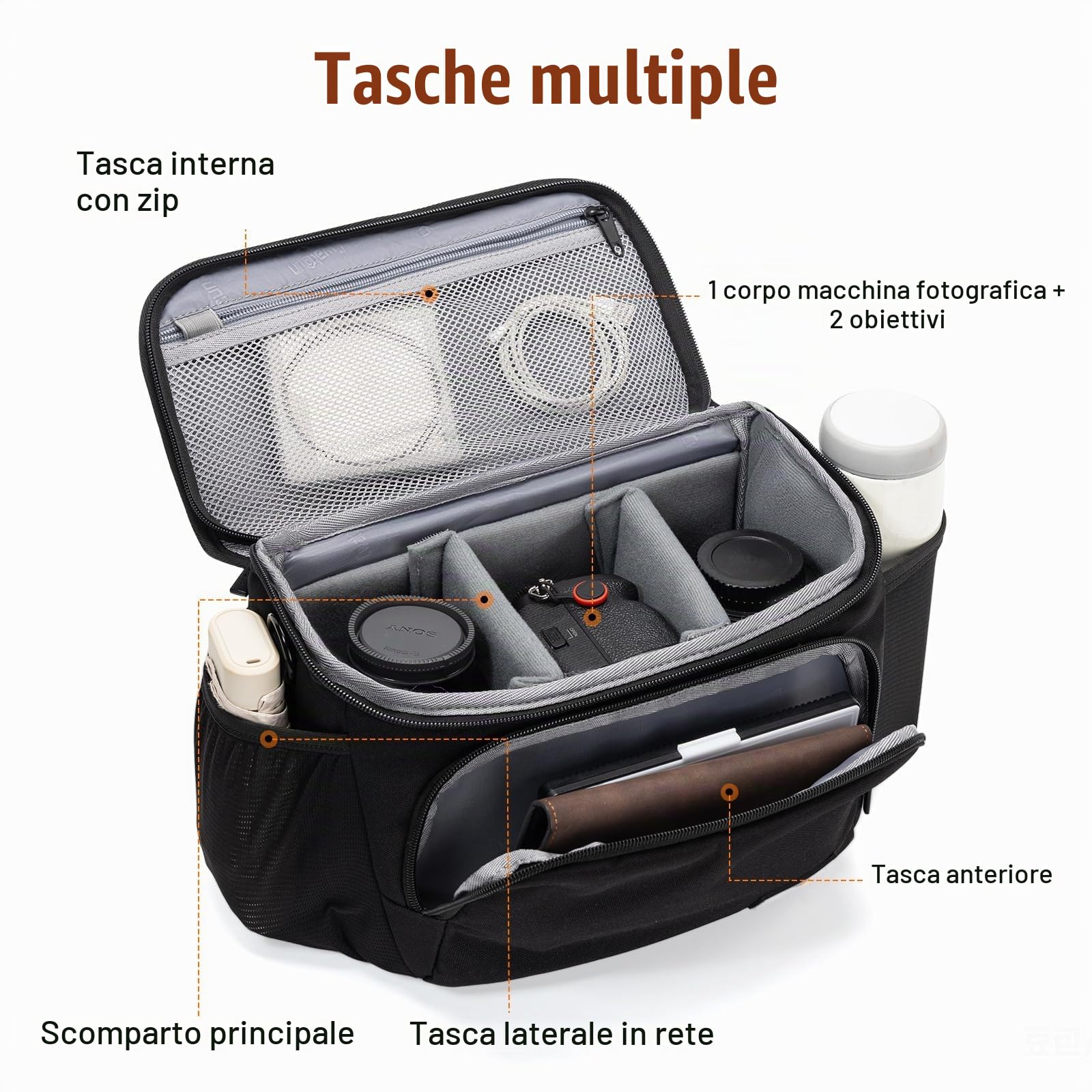 Cwatcun fotocamera borsa fotocamera SLR, borsa fotografica impermeabile per fotocamere reflex per Canon, Nikon, Sony, Fuji piccola DSLR/SLR e obiettivo, Nero, L