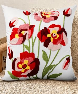 Embroidered Throw Pillow Cover, 18x18 Inch, Red Roses