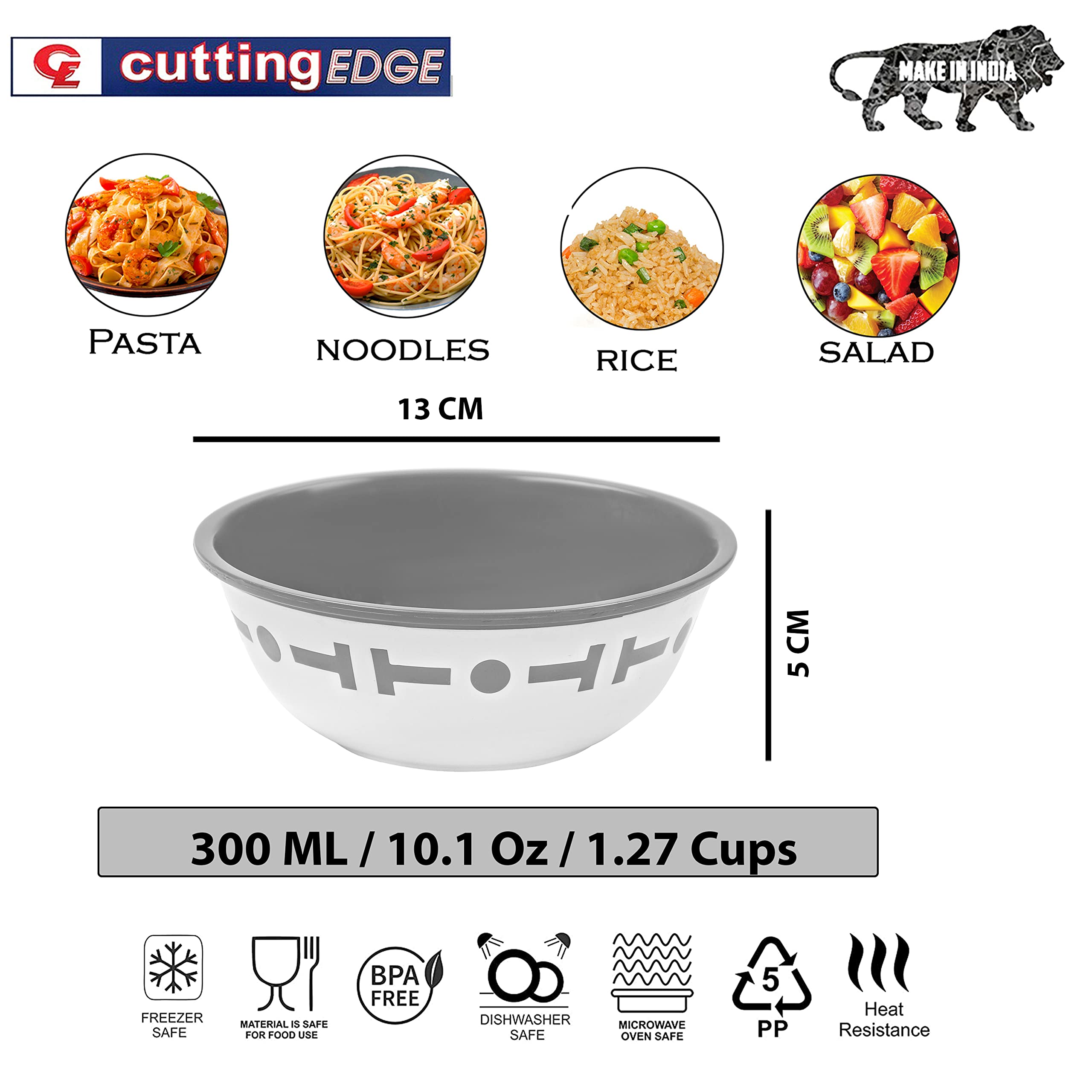 Cutting EDGE Double Color Big Bowl for Mixing, Snacks, Kitchen, Serving Food, Microwave Safe Plastic Bowl 300ml Capacity Pack of 6 Grey 3