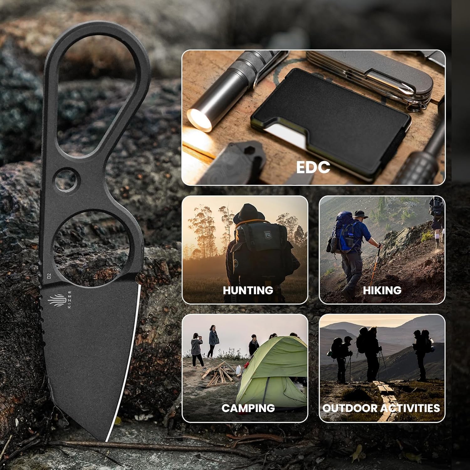 Kizer Bowtie Small Fixed Blade Knife, D2 Steel EDC Hunting Pocket Knife, 5.83 Inches Horizontal Carry Black Neck Knives, Survival Camping Knives with Sheath, 1061A2