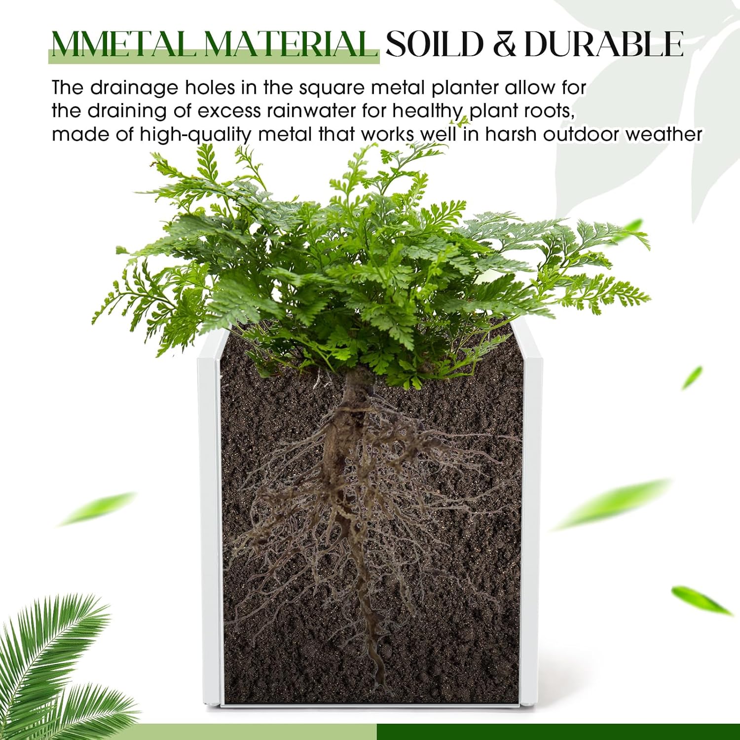 1 Pcs Extra Large White Square Planter Box Outdoor 17" L x 17" W x 18" H Heavy Galvanized Steel Planters with Drainage Holes Divider for Patio Porch Tall Plants