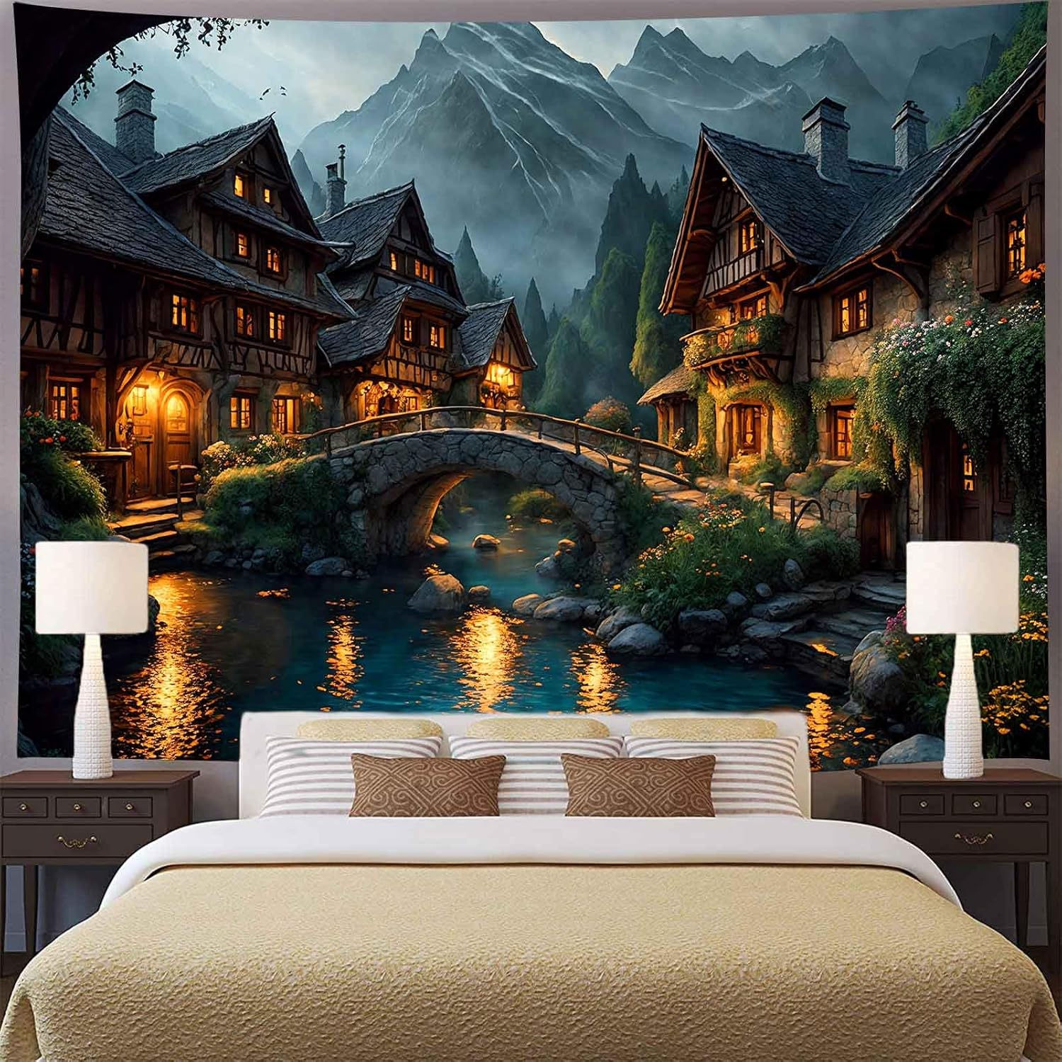 Aidatain Fairytale World Scenery Tapestry Town River Bridge Tapestry a Large 108" L x 90" W Flannel Fabric Landscape Wall Art Hanging for Kids Boys Girls Room Bedroom Dorm Decor GTSHAT116