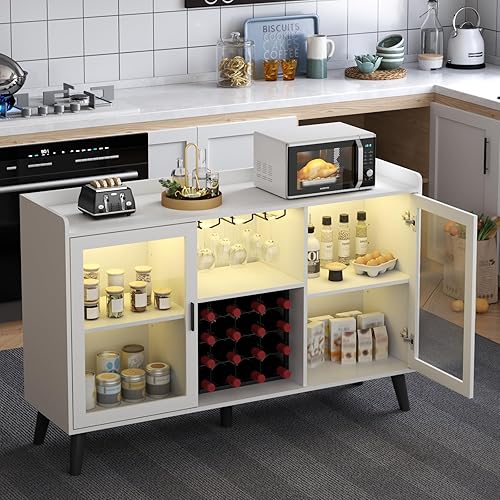 Miniatura 7 de Loomie Armario de bar de vinos con luz LED, gabinete de café para el hogar con estante para vino y soporte para vidrio, aparador de cocina con