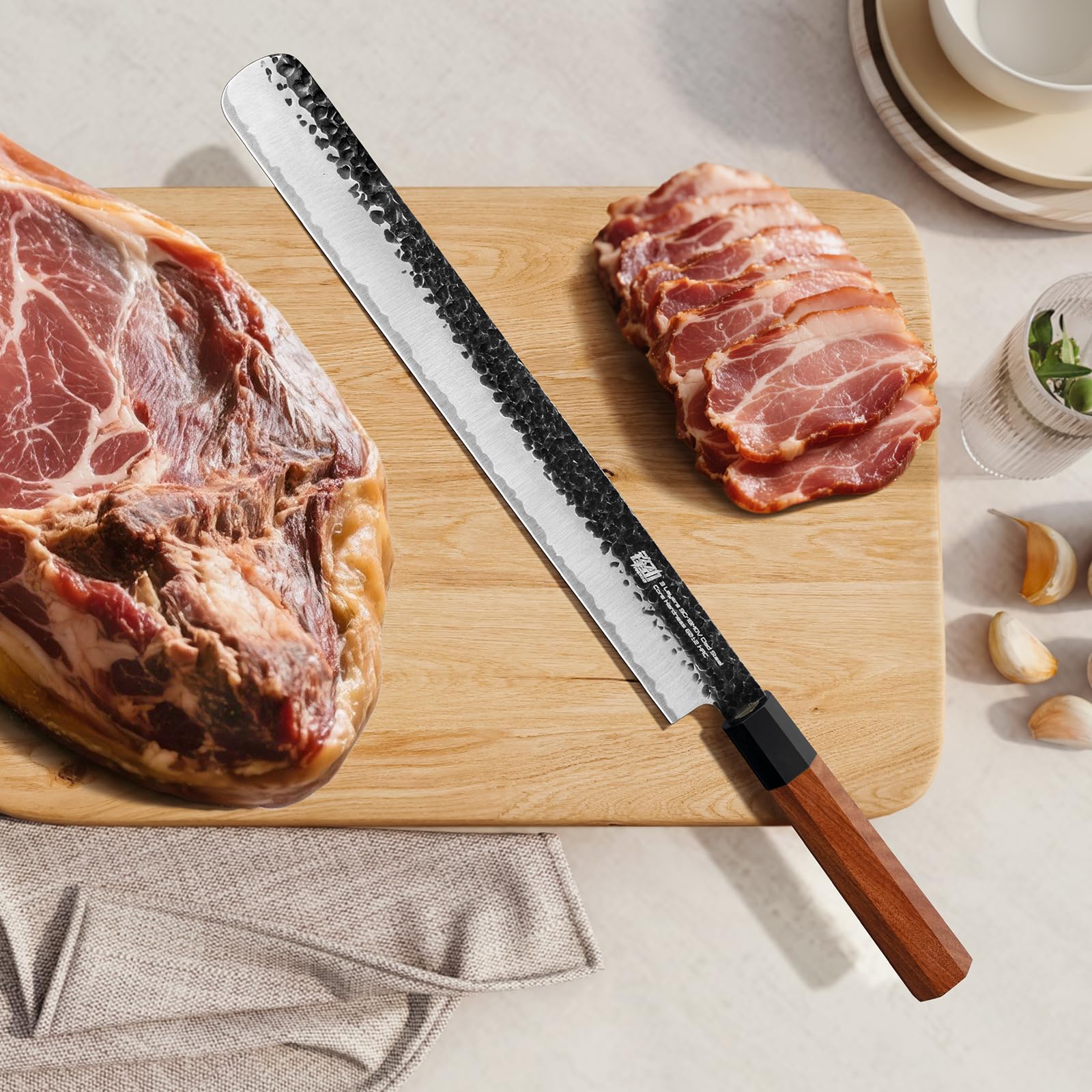 FINDKING Couteau à Jambon 12 Pouces (31 cm), Lame Tranchante en Acier Carbone 9Cr18MoV, Parfait pour la Découpe de Viande, Idéal pour le Barbecue, Série Dynasty