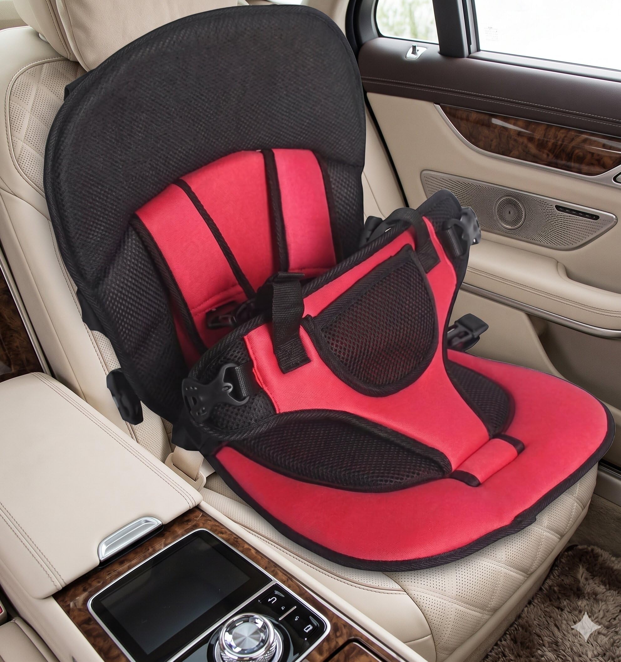 Red Child Elevation Seat for Automobile Use, Junior Passenger Riser, Ergonomic Sitting Assistant, Shock Absorbing Padding, Compact Carry Option, Everyday Commuting Helper, Durable Construction, Soft Touch Fabric-image-23