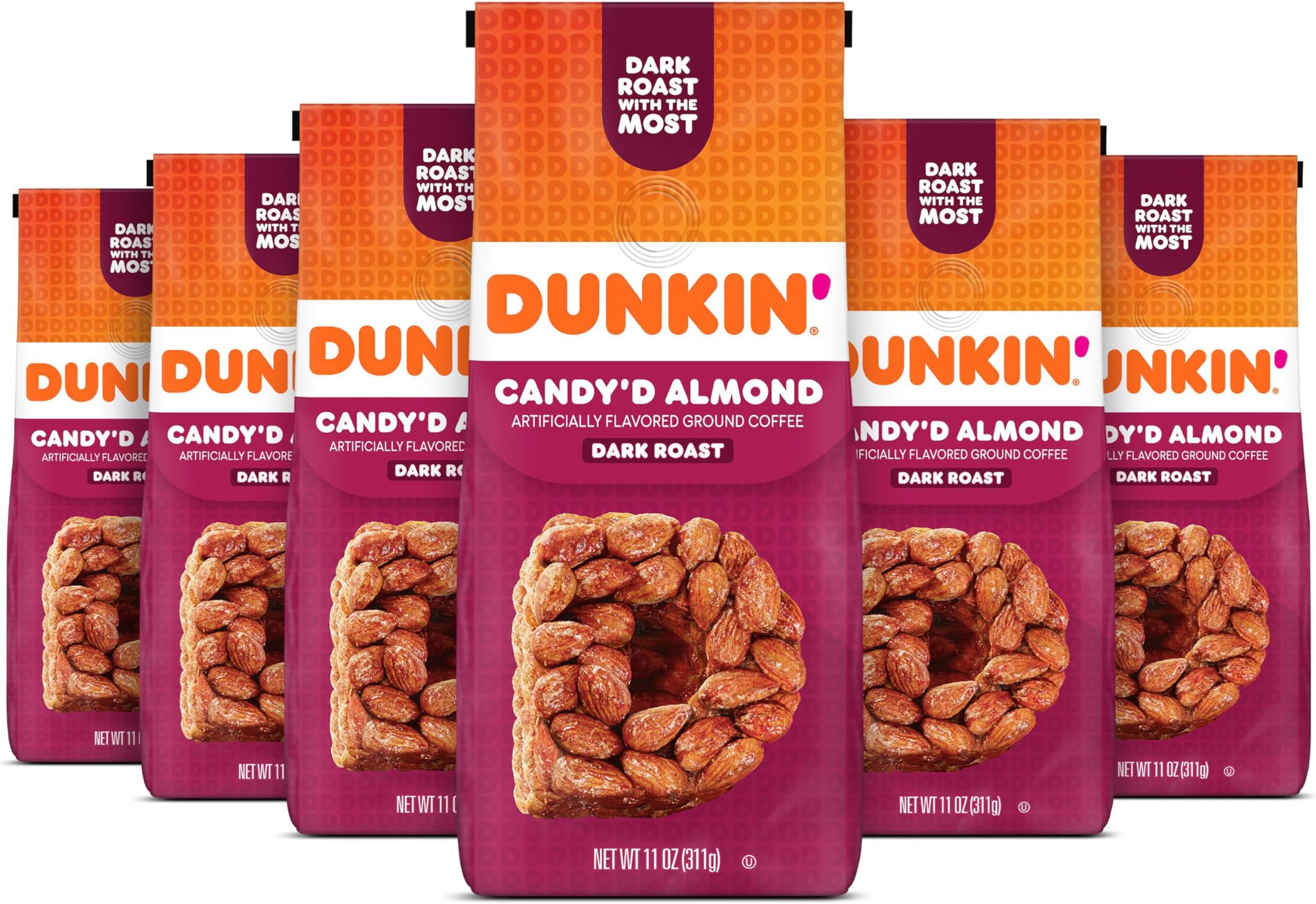 Dunkin' Candy'd Almond Flavored Dark Roast Ground Coffee, 11 Ounce (Pack of 6)