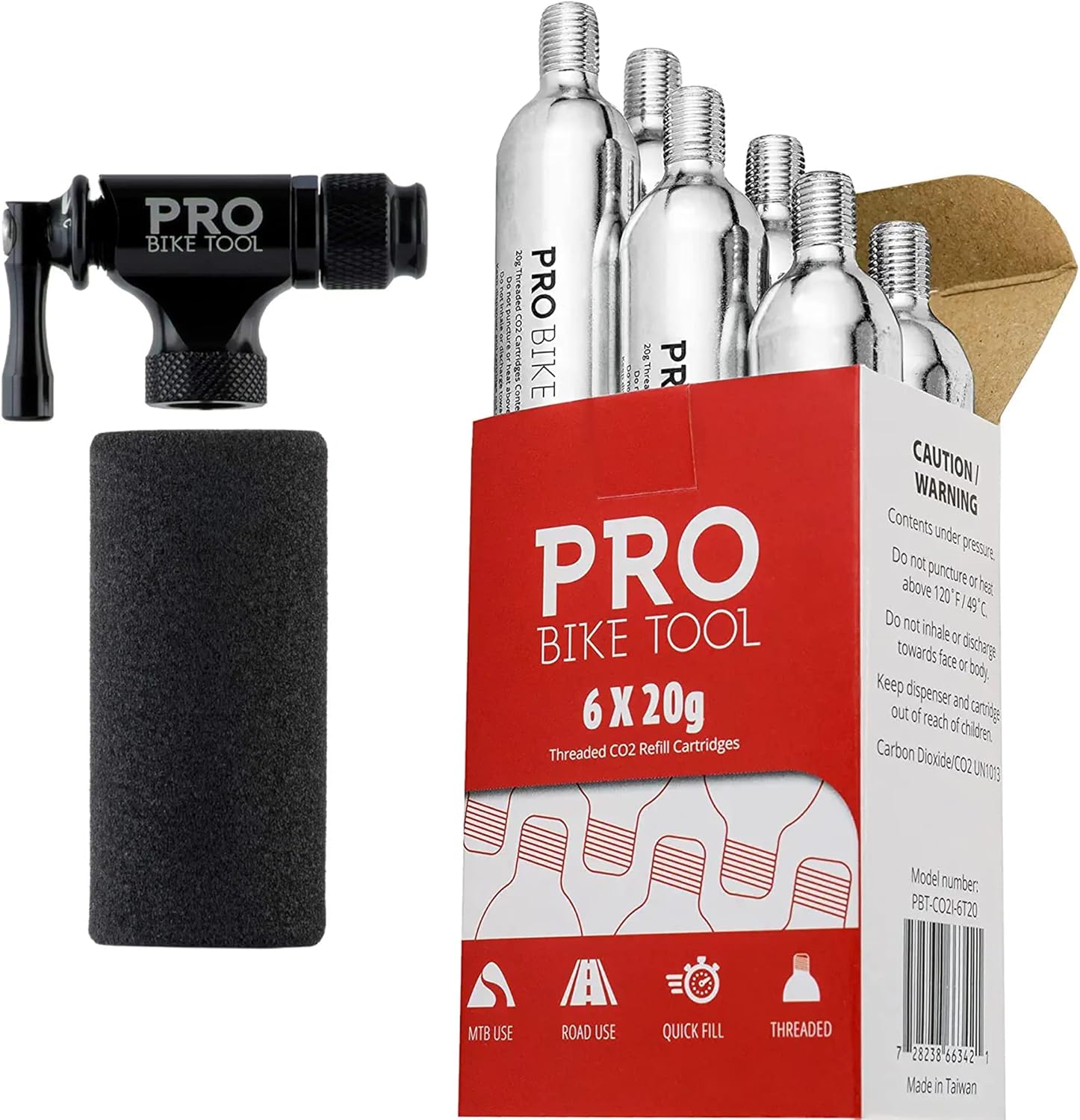 Pro Bike Tool CO2 Inflator & 20g Threaded CO2 Cartridges