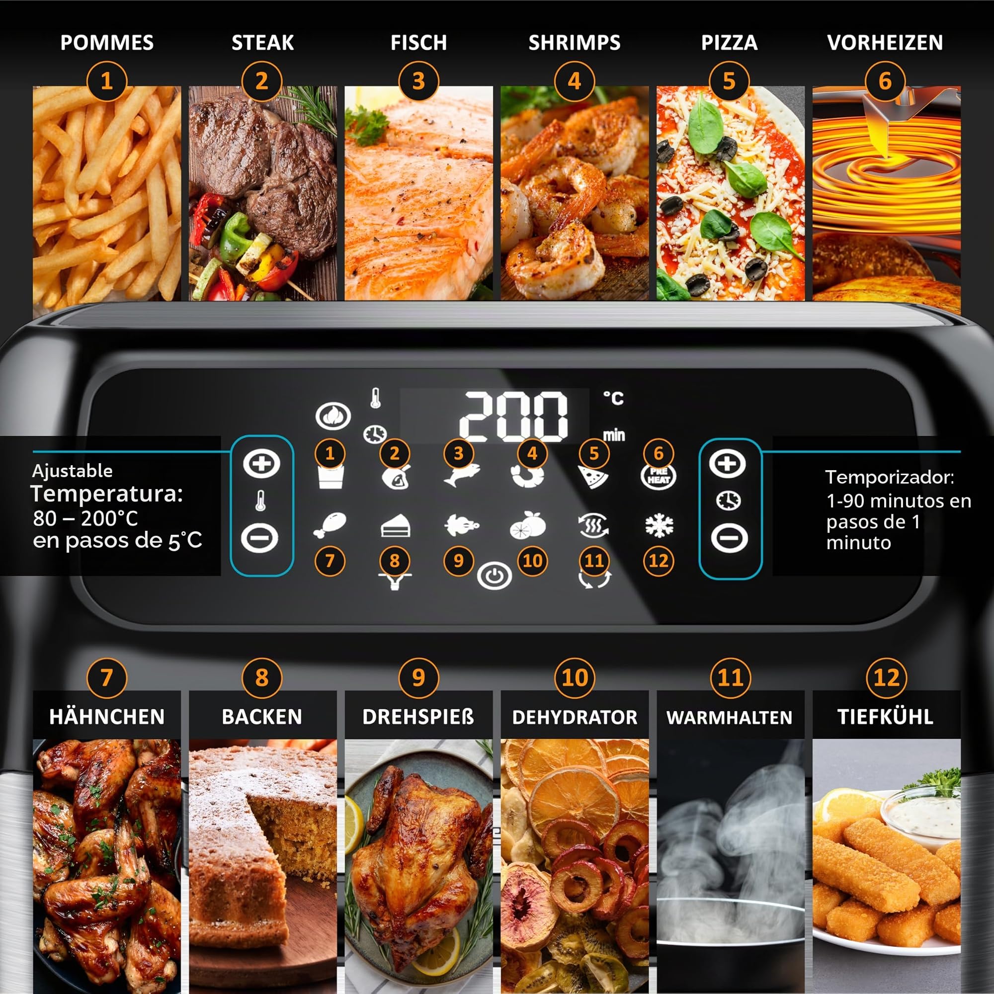 Arendo - Freidora de aire caliente de 12 litros - Mini horno multifunción - Giratoria - Deshidratador - Recirculación - Pollo, patatas fritas de pizza - Aplicaciones de acero inoxidable - Sin BPA