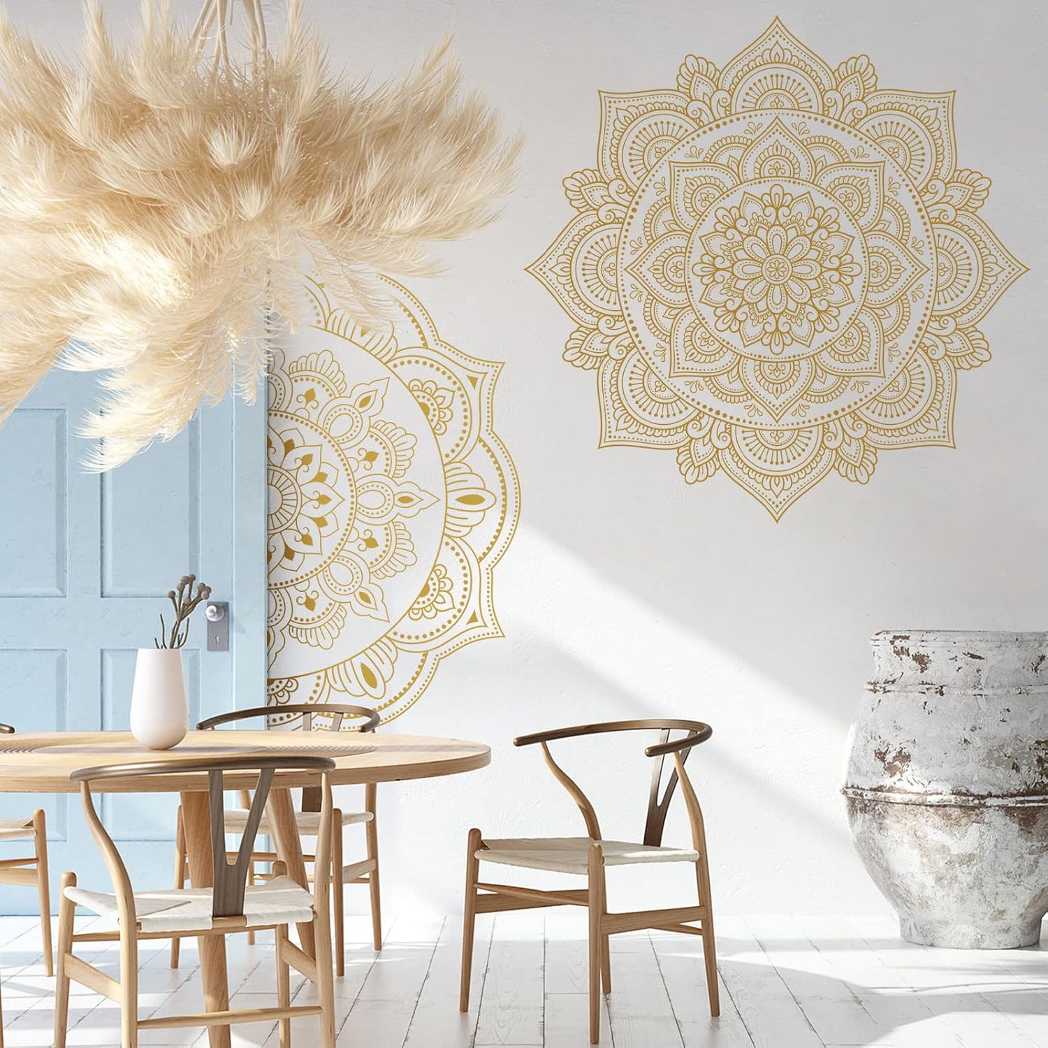 Chinco 4 Pcs Gold Half Mandala Wall Decal Boho Mandala Sticker Lotus Flower Vinyl Wall Decals Flower Stickers Headboard Decoration Indian Namaste for Bedroom Living Room Yoga