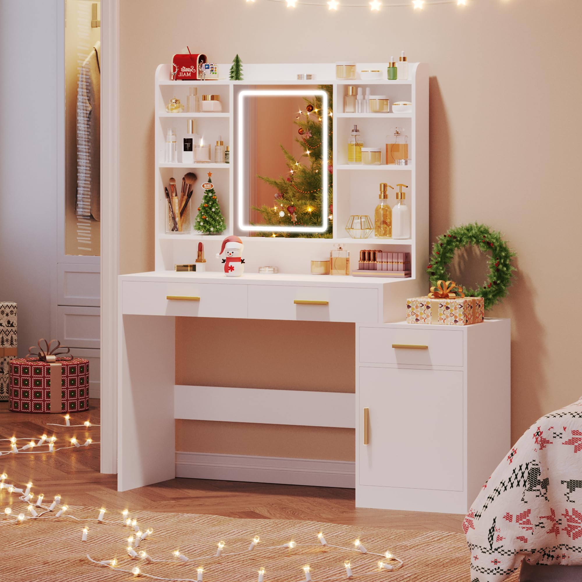 Hzuaneri Tocador de Maquillaje con Espejo, Luz LED de Brillo Ajustable, 3 Cajones y 1 Armario, Estantes Abiertos de Varios Niveles, para Dormitorio, Guardarropa, Blanco DT20003X