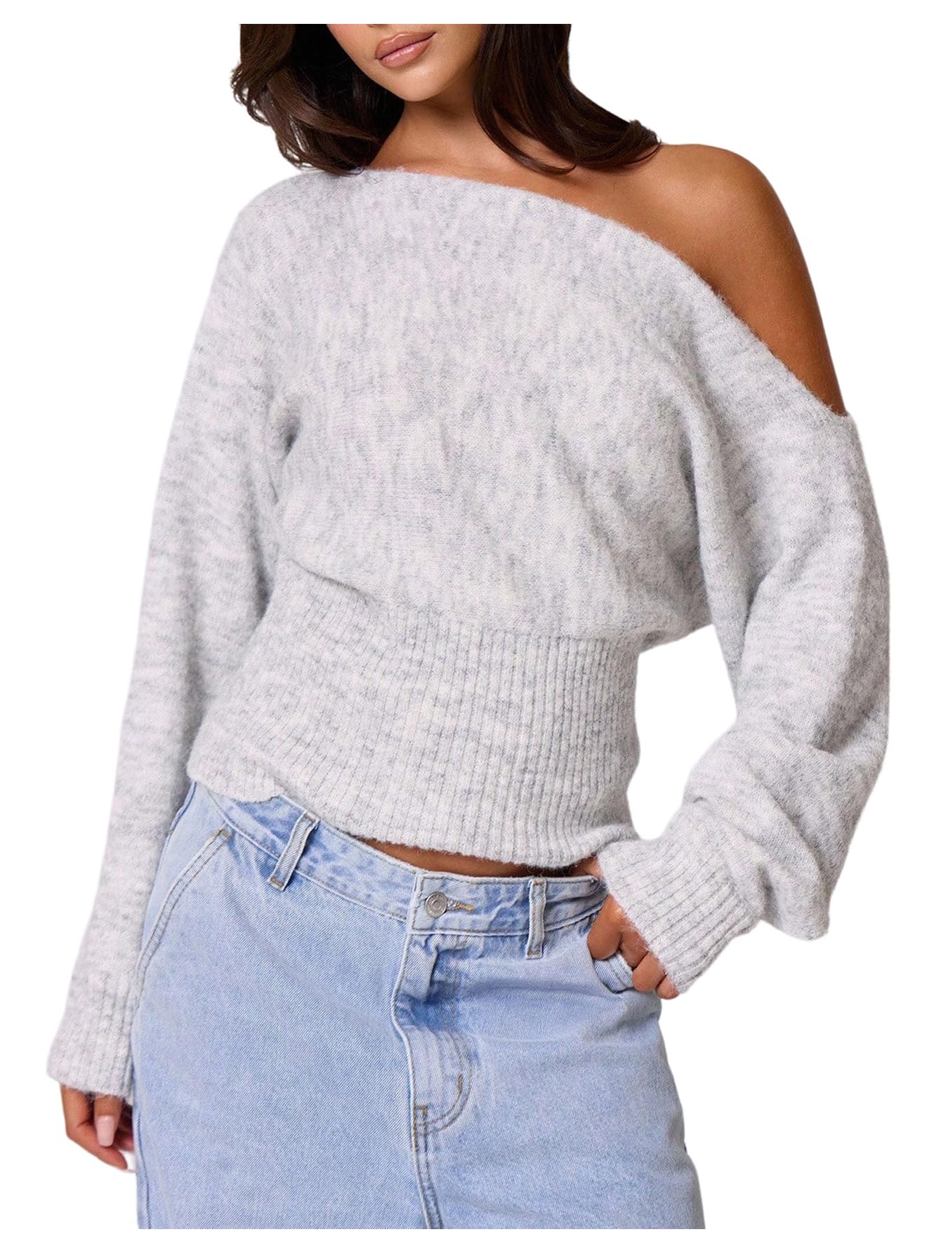 Milumia Womens Off The Shoulder Sweater Long Sleeve Cinched Waist Fall Knit Tops Knitwear