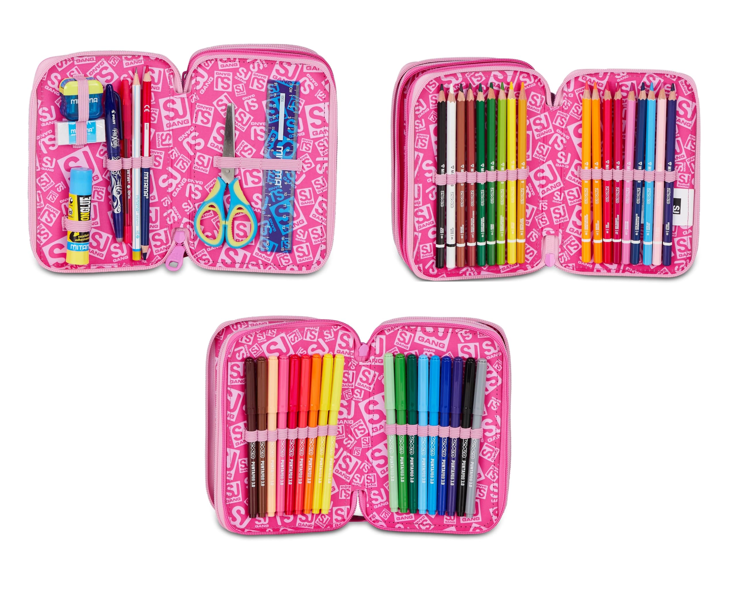 Trolley Scuola Seven Sj Fluffy Pink Girl Cuore 8 Ruote zaino staccabile 3 in 1 per Scuola primaria Bambina + Astuccio 3 zip cancelleria + Diario 2026/2027 + 7 penne a scatto e portachiave pailettes