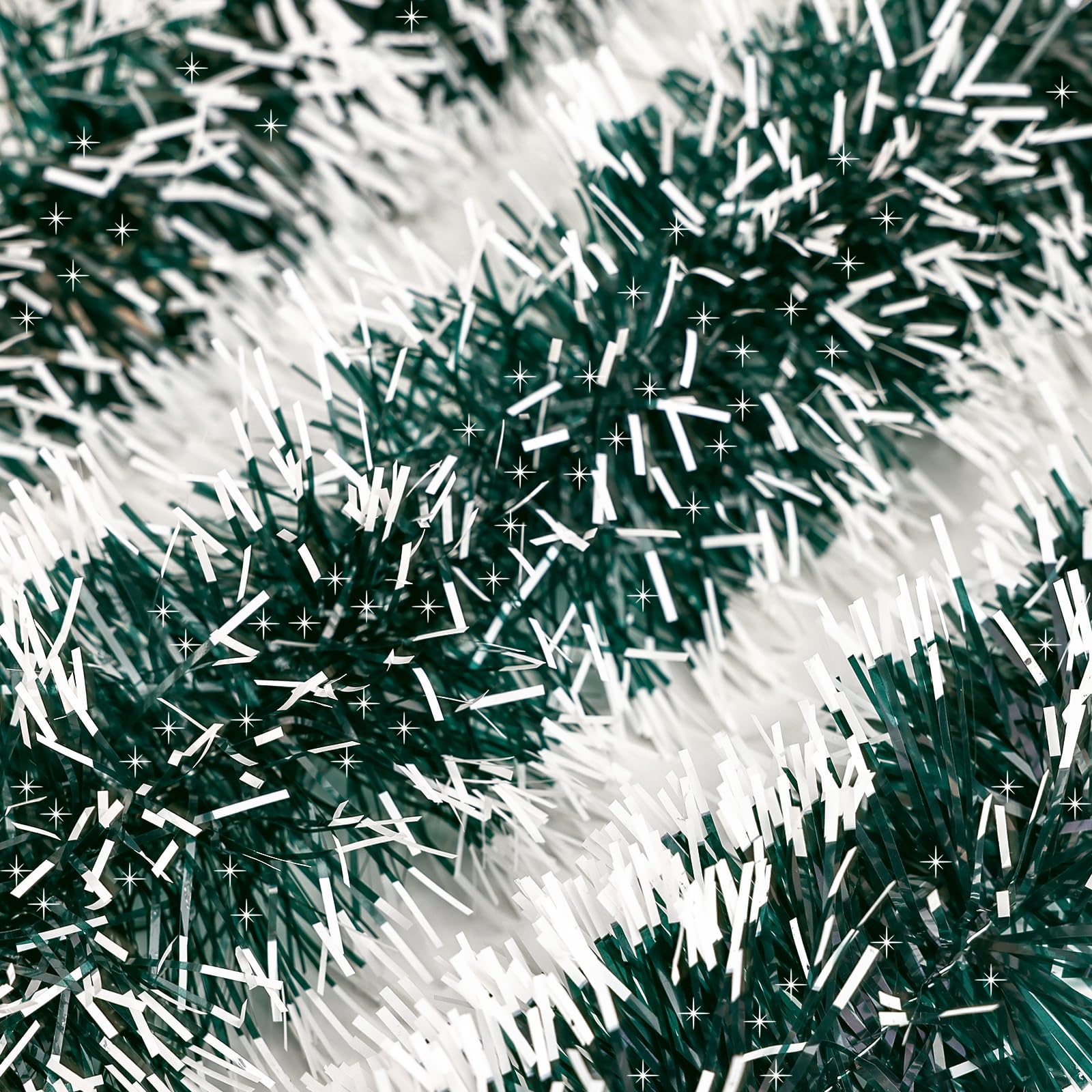 50Ft Christmas Tinsel Garland, Dark Green Snowflake Metallic Twist Garland for Xmas Tree Decorations, Tinsel for New Year Party Ceiling Hanging Decorations Indoor and Outdoor Decor