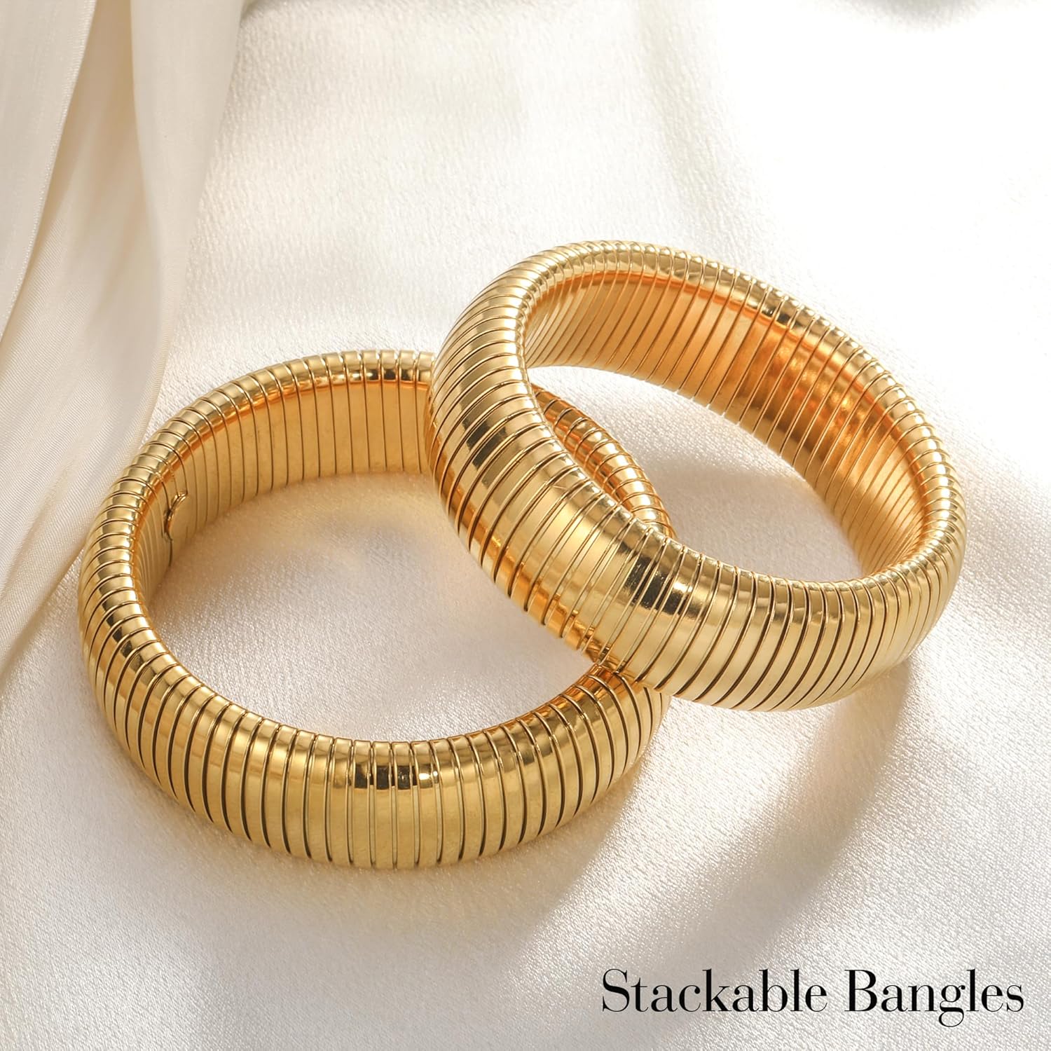 Honsny 2-3Pcs Chunky Gold Bangle Bracelets for Women Non Tarnish Stackable 14K Gold Plated Charm Cuff Bracelet Stack for Women Trendy Dainty Big Bangles Waterproof Jewelry Fashion Gifts - Image 3