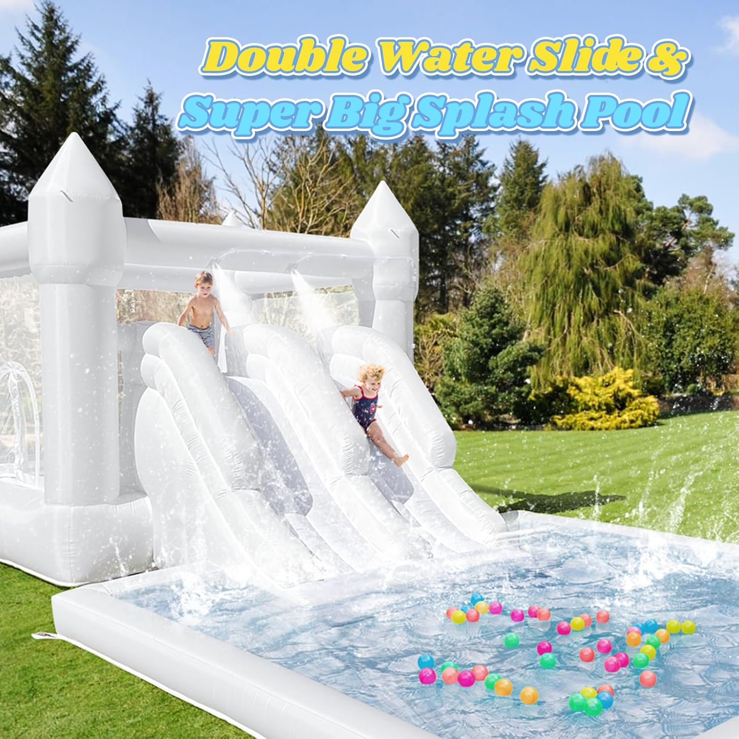 19ft Large Water Slide Bounce House, Oxford Water Slide with Double Slide and Ball Pool/Pit, White Bounce House with Air Blower for Kids Summer Outdoor Fun