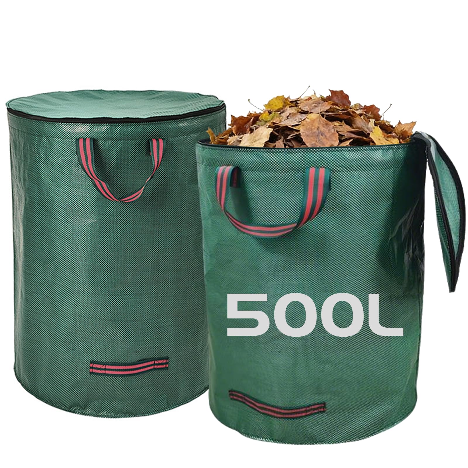 Ruucy Garden Waste Bags, 2 x 500L Garden Rubbish Bags Heavy Duty with Handles and Lid, Large Gardening Refuse Sacks Foldable for Grass Leaves Trash Debris